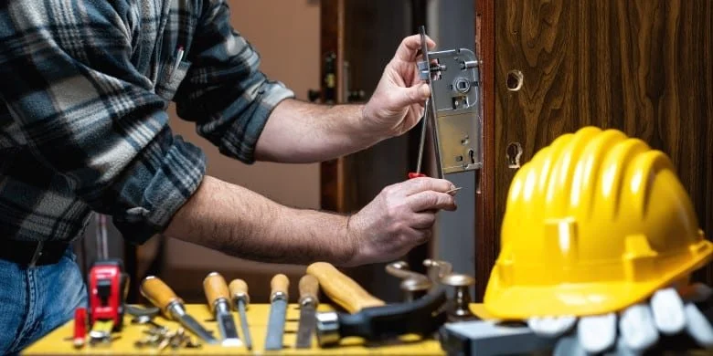 Une personne effectuant une réparation sur une serrure de porte, avec des outils à main posés sur une surface et un casque de sécurité jaune à côté.