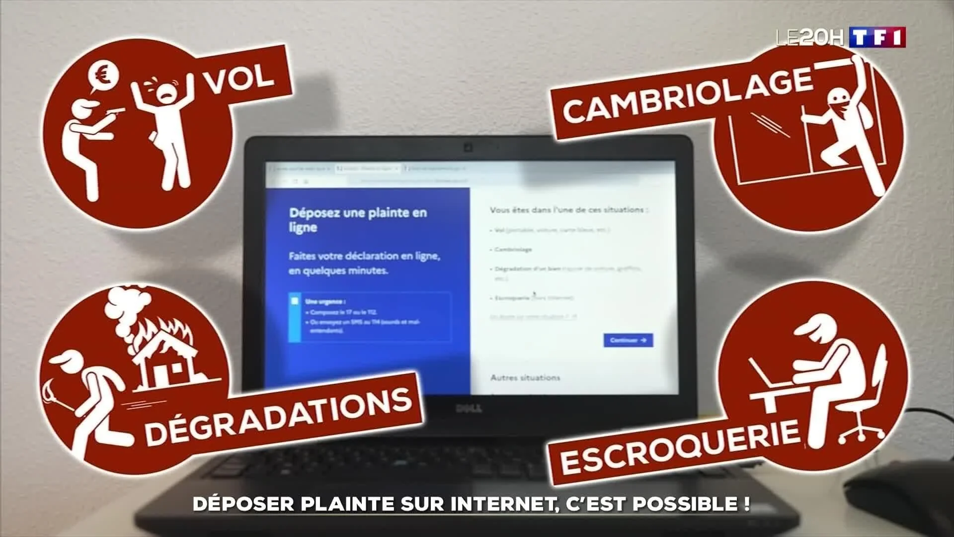 Capture d'écran d'une émission TV de TF1 montrant un ordinateur portable avec une page web de dépôt de plainte en ligne, entouré d'icônes illustrant des activités frauduleuses telles que vol, cambriolage, dégradations et escroquerie, avec des textes en français liés à ces thèmes.