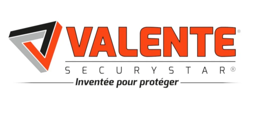 Logo de Valente, une société de sécurité, avec le slogan "Inventée pour protéger".