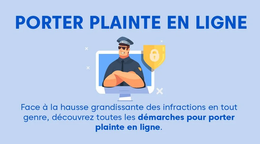 Affiche informative sur la plainte en ligne, montrant un policier souriant avec des lunettes de soleil à l'écran d'un ordinateur, avec une mention sur l'augmentation des infractions et les démarches pour porter plainte en ligne.