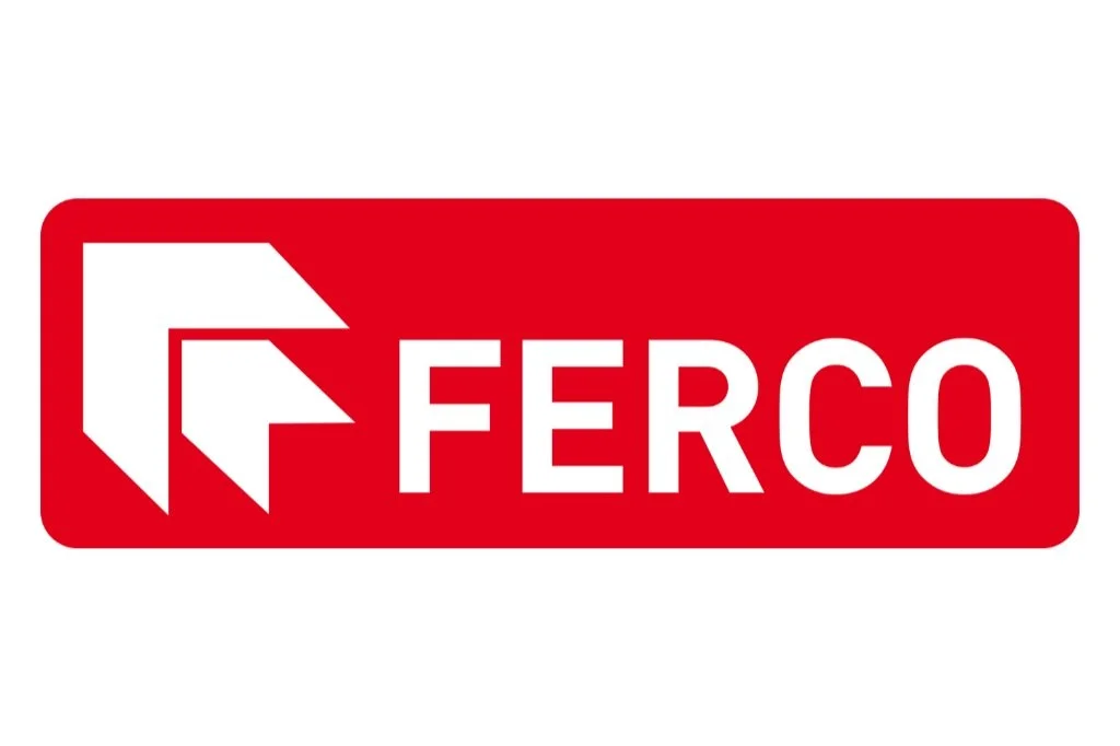 Logo avec le mot 'FERCO' en blanc dans un rectangle rouge, accompagné d'un symbole stylisé en blanc.