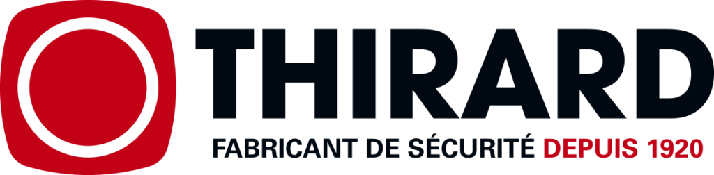 Logo de Thirard, fabricant de sécurité, avec un symbole circulaire rouge et noir, texte en bleu et rouge 'FABRICANT DE SÉCURITÉ DEPUIS 1920'.