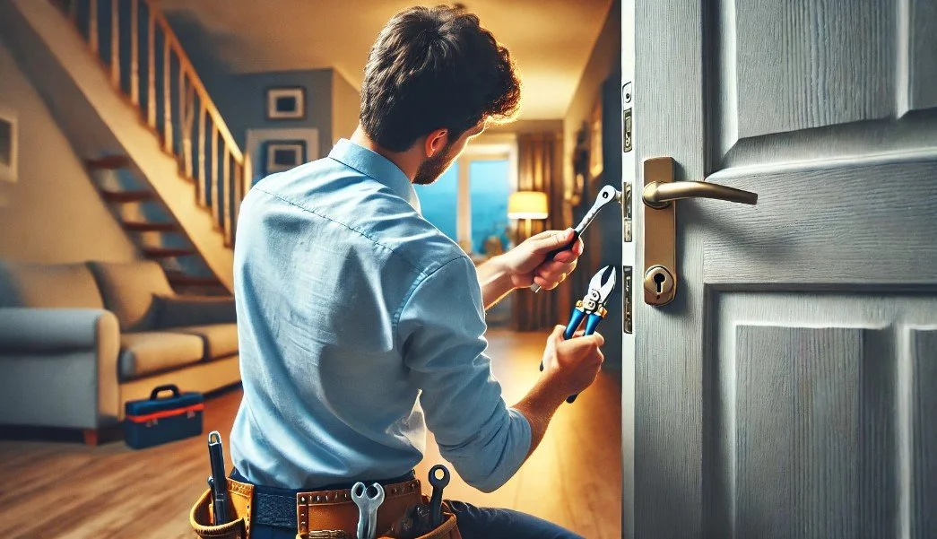 Homme utilisant une pince et un tournevis pour réparer une serrure de porte d'entrée.