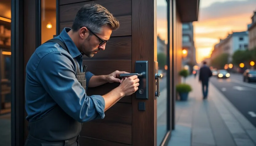 Un homme installe une serrure sur une porte en bois à l'extérieur au coucher du soleil.