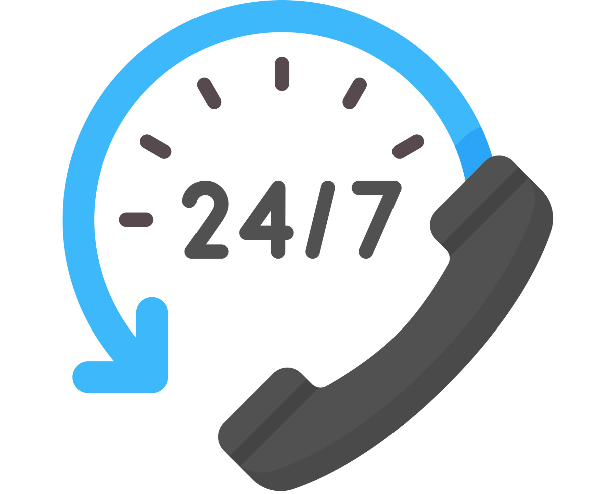 Icône représentant un téléphone avec un symbole de rotation indiquant une assistance 24/7.