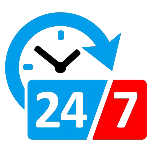 Icône représentant un service disponible 24/7 avec une horloge, le texte '24' en bleu et '7' en rouge.