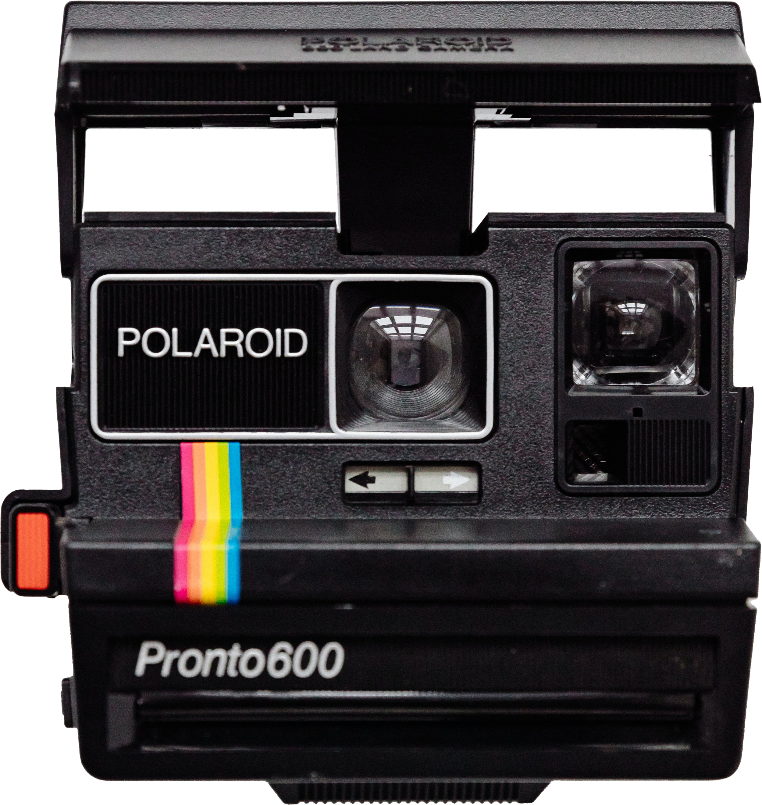 A vintage Polaroid Pronto 600 instant camera with a black body, a rainbow stripe, and a rectangular viewfinder.