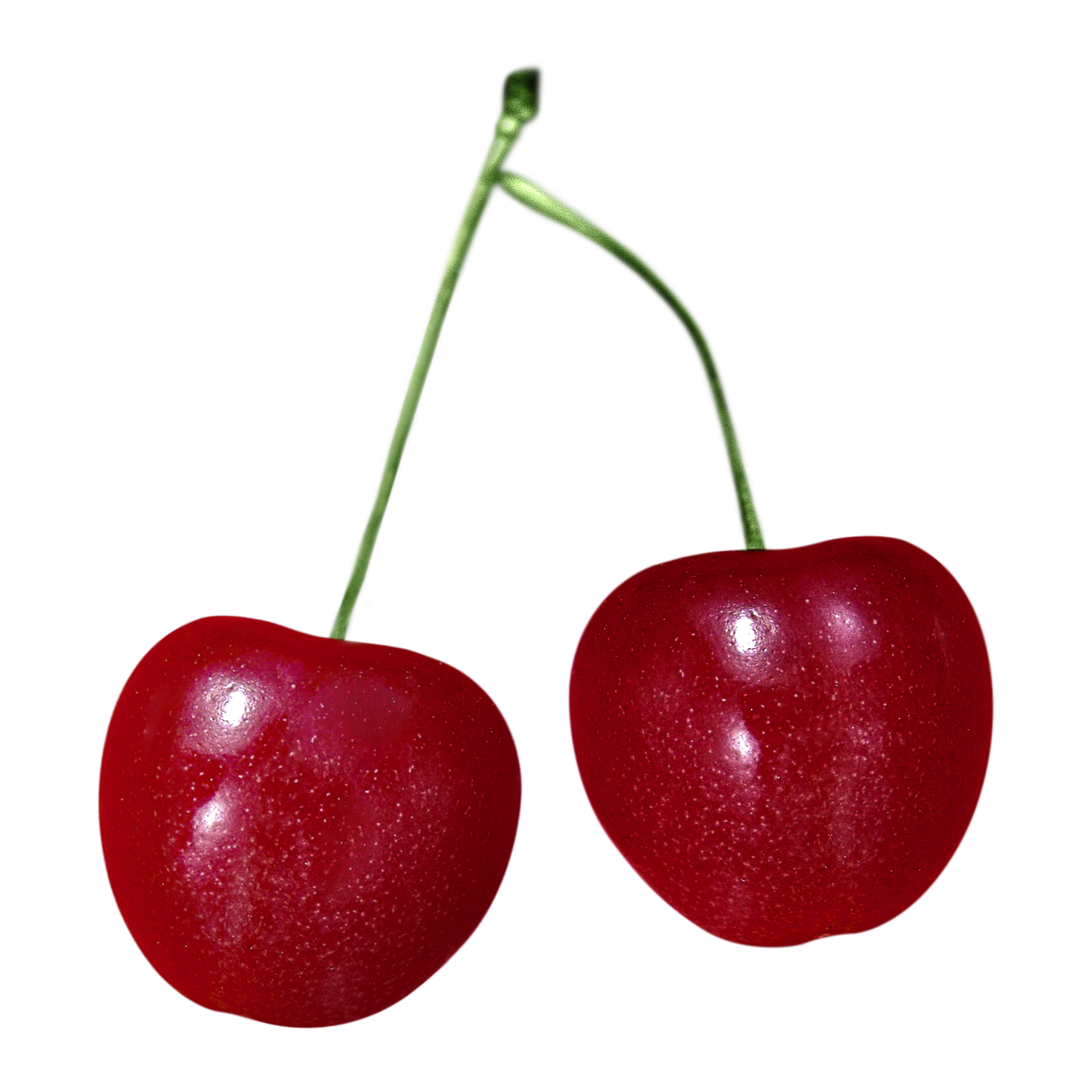 Two red cherries with green stems against a black background.