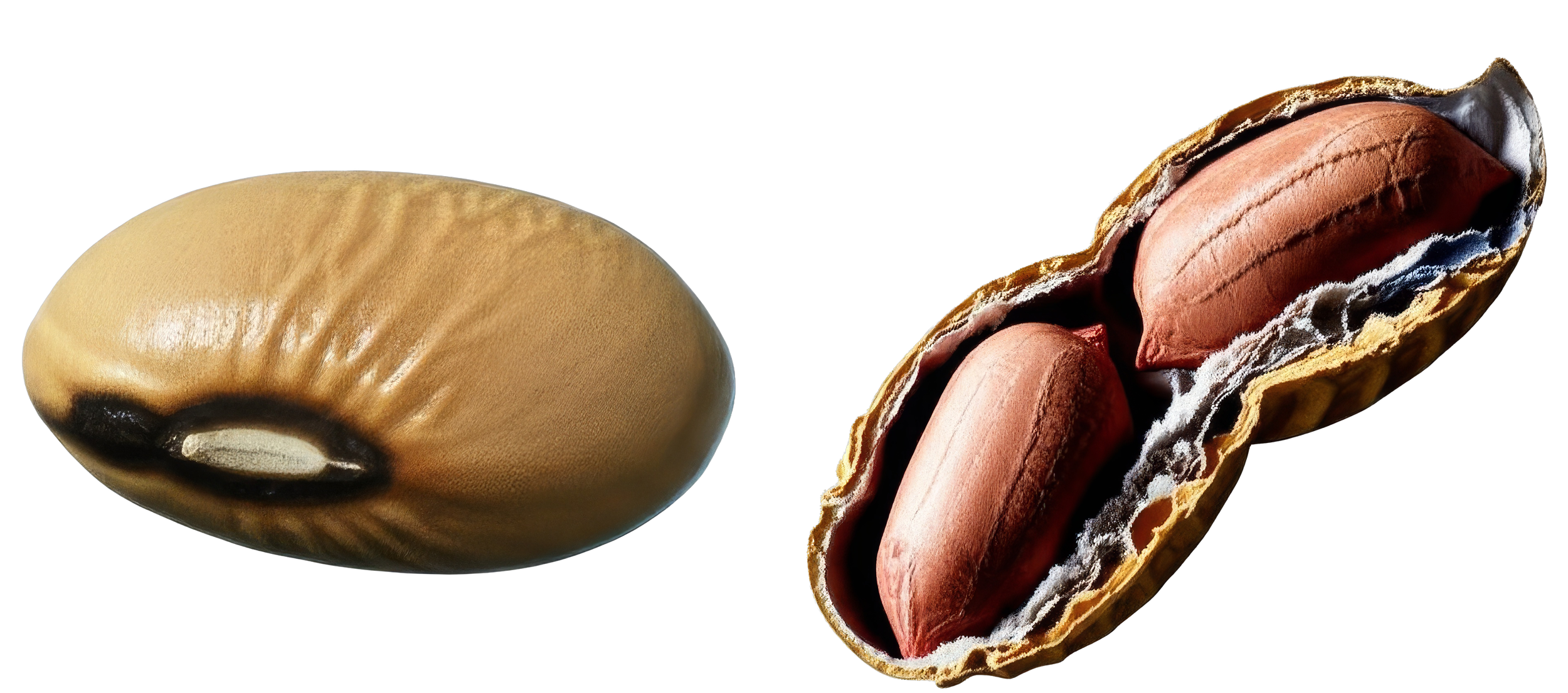 Close-up of a whole peanut with a smooth light brown shell and a sliced-open peanut showing two reddish-brown nuts inside, surrounded by white salt crystals.