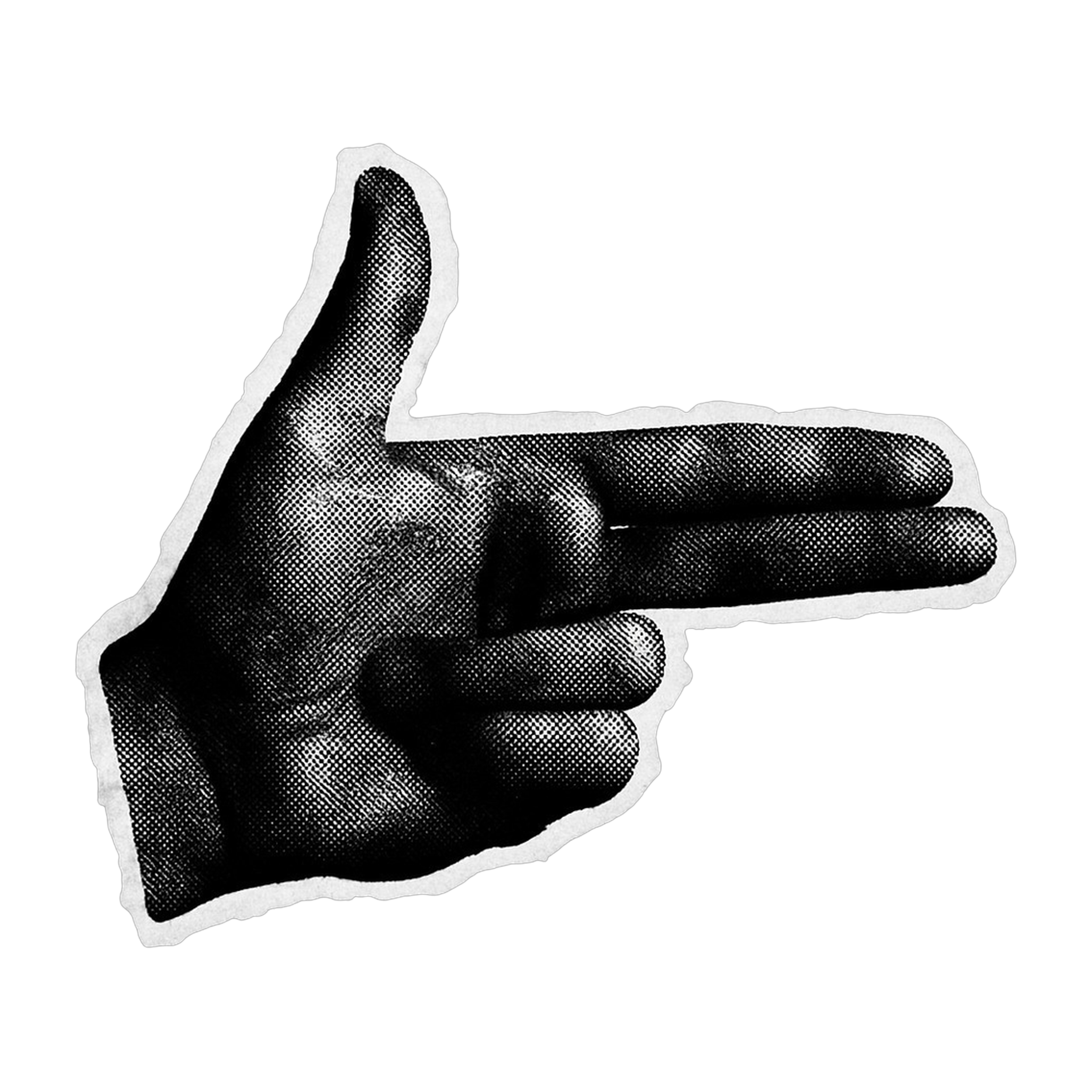 Black and white graphic of a hand making a finger gun gesture.