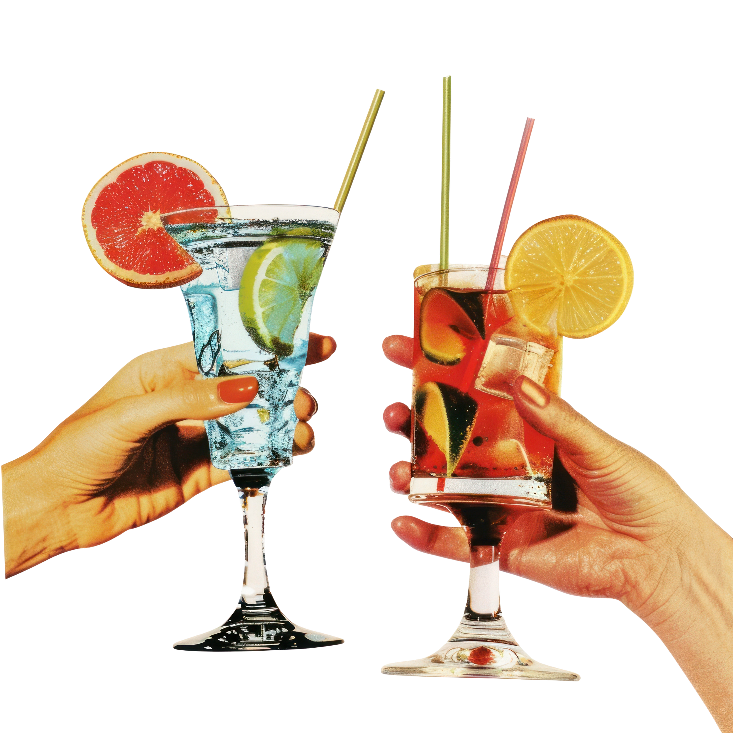 Two hands holding colorful cocktails with lemon and grapefruit slices, ice cubes, and straws, raised in a toast against a black background.