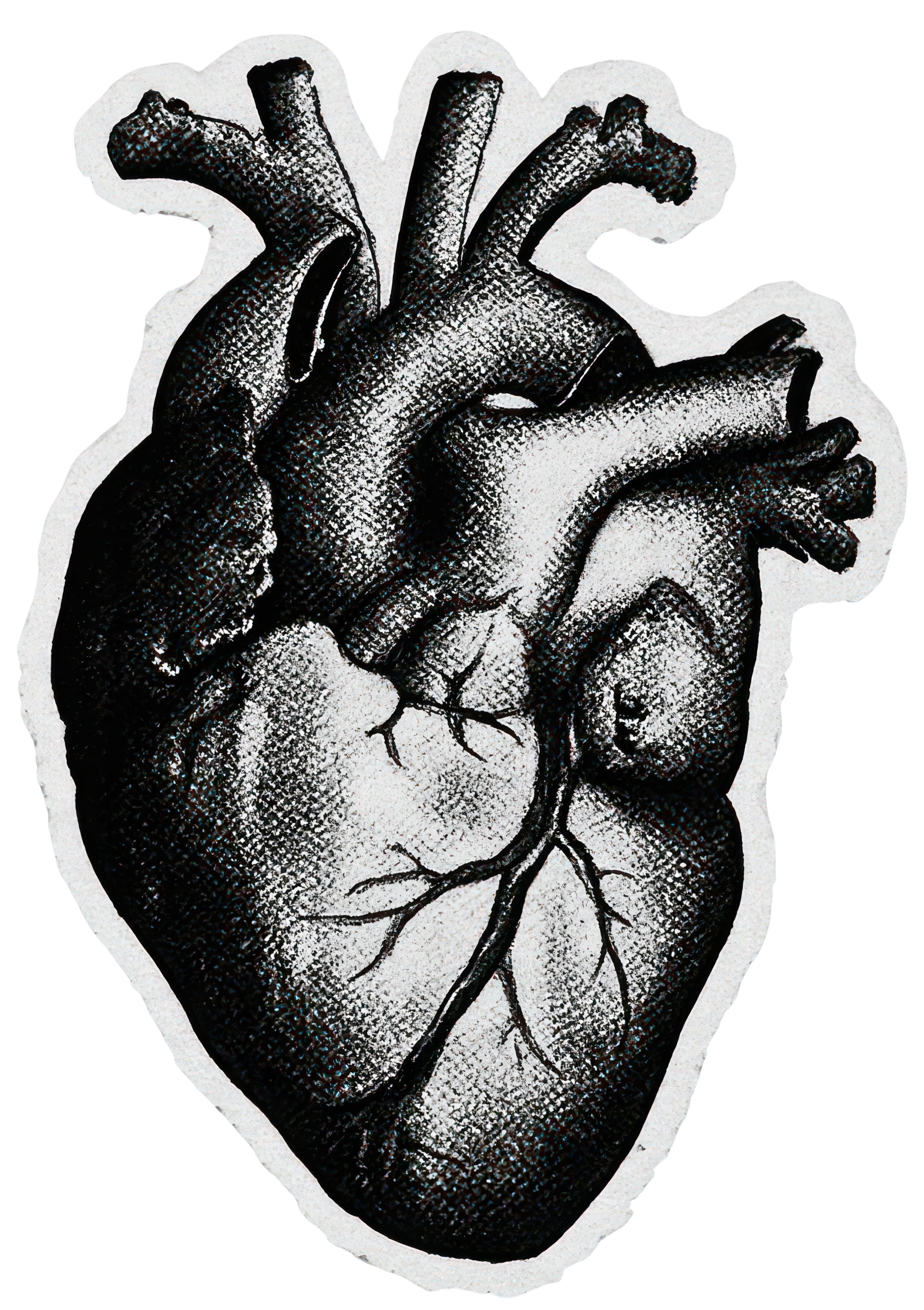 Stylized black and white illustration of a human heart with a red rectangle next to it.