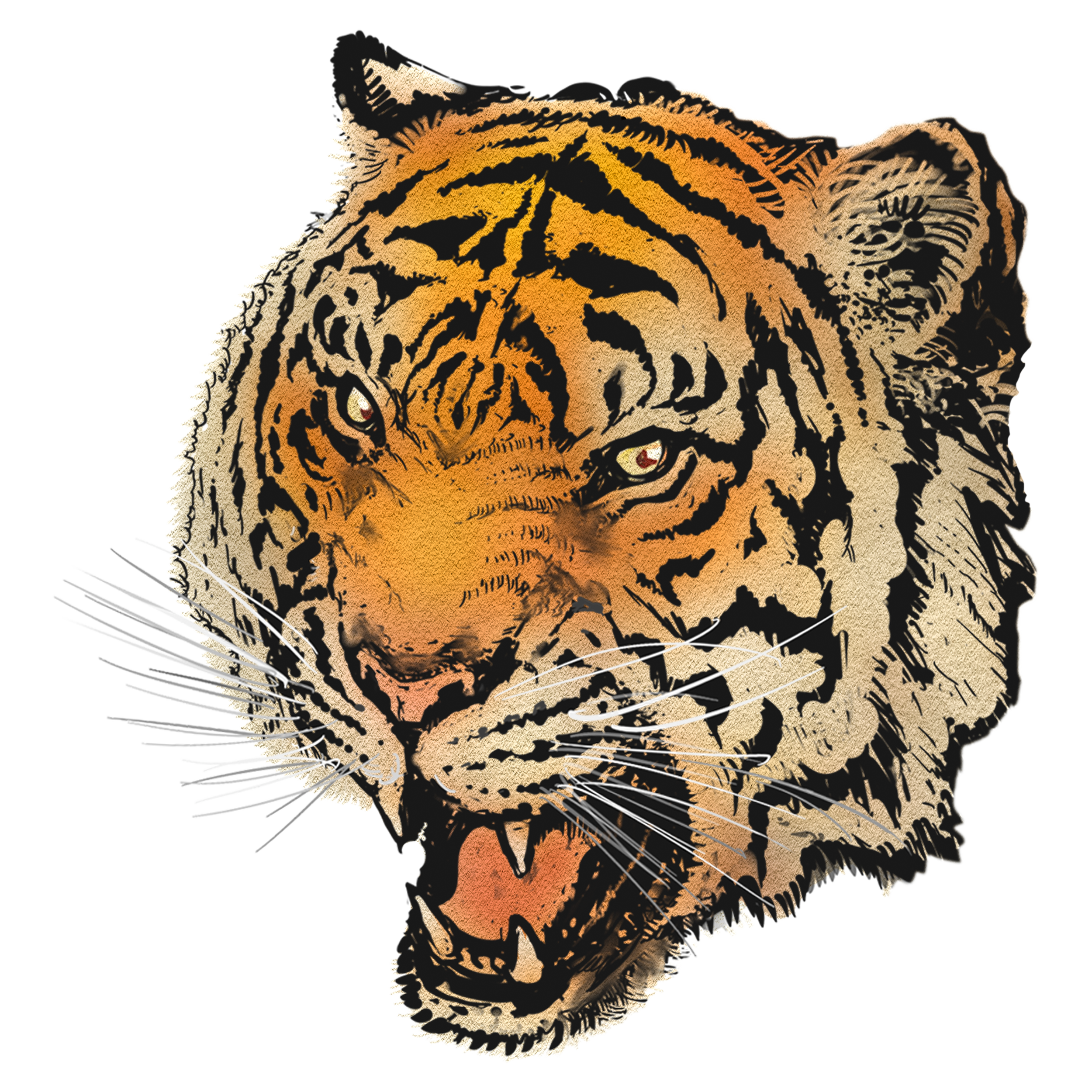Illustration of a fierce tiger's head with orange and black stripes, showing its face, teeth, and fierce expression.