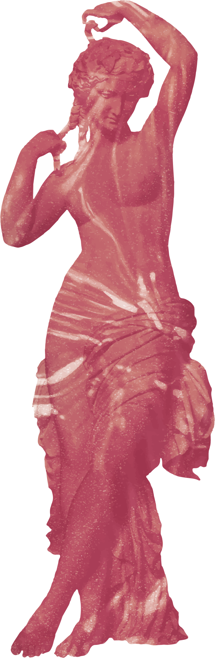 A pink-tinted digitally edited image of a statue of a woman in traditional attire, with one hand touching her face.