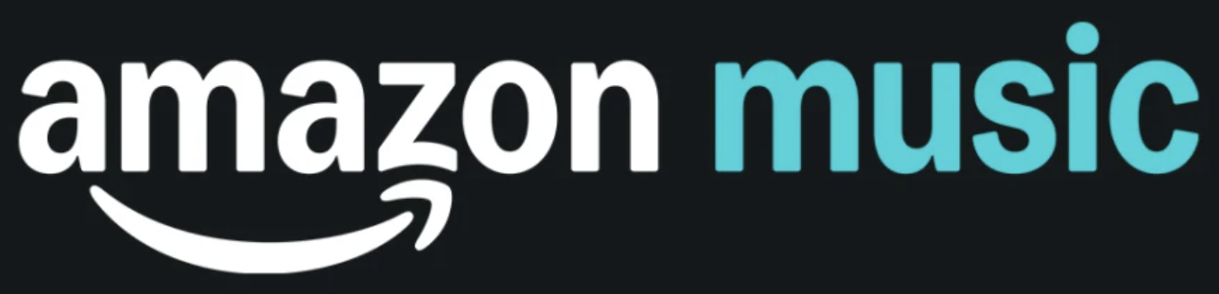 Amazon Music logo with black background, white and blue text.