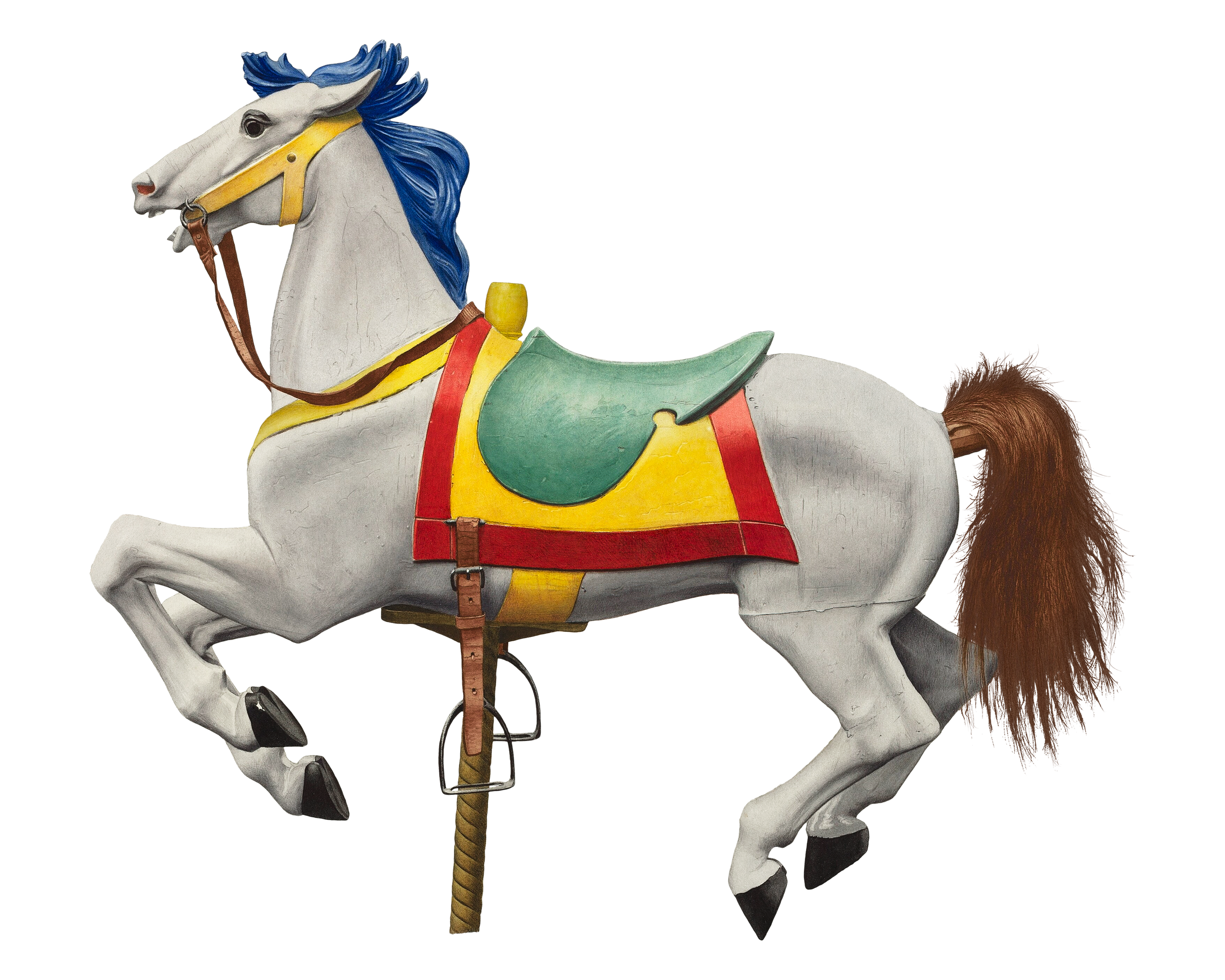 A vintage carousel horse with a painted white body, blue mane, and brown tail, equipped with a green saddle and red, yellow, and green decorative elements.