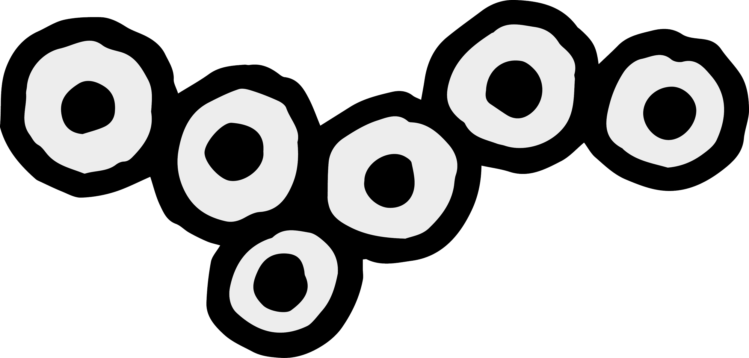 Seven cartoon-style donuts with white icing, connected in a chain on a black background.