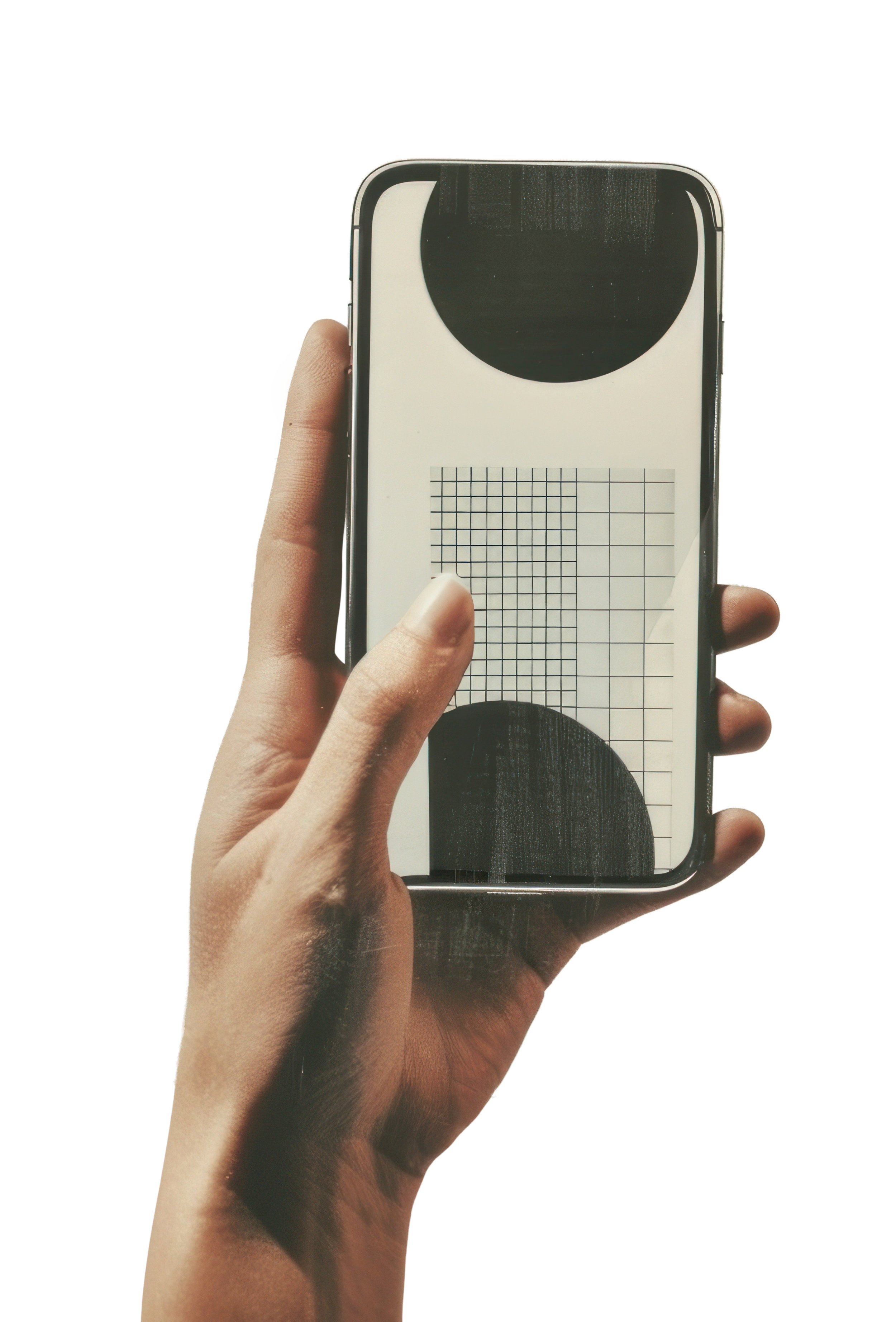 Person holding a smartphone with a grid and two black semi-circles on the screen against a black background.