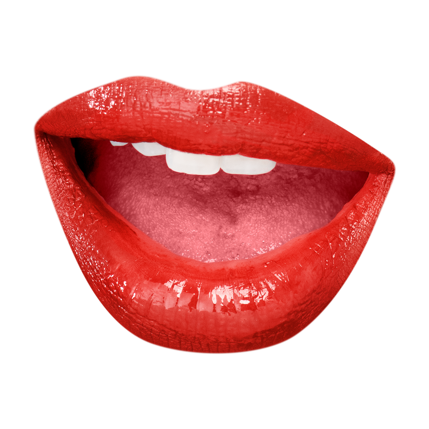 Close-up of open mouth with bright red lipstick, showing white teeth and tongue.