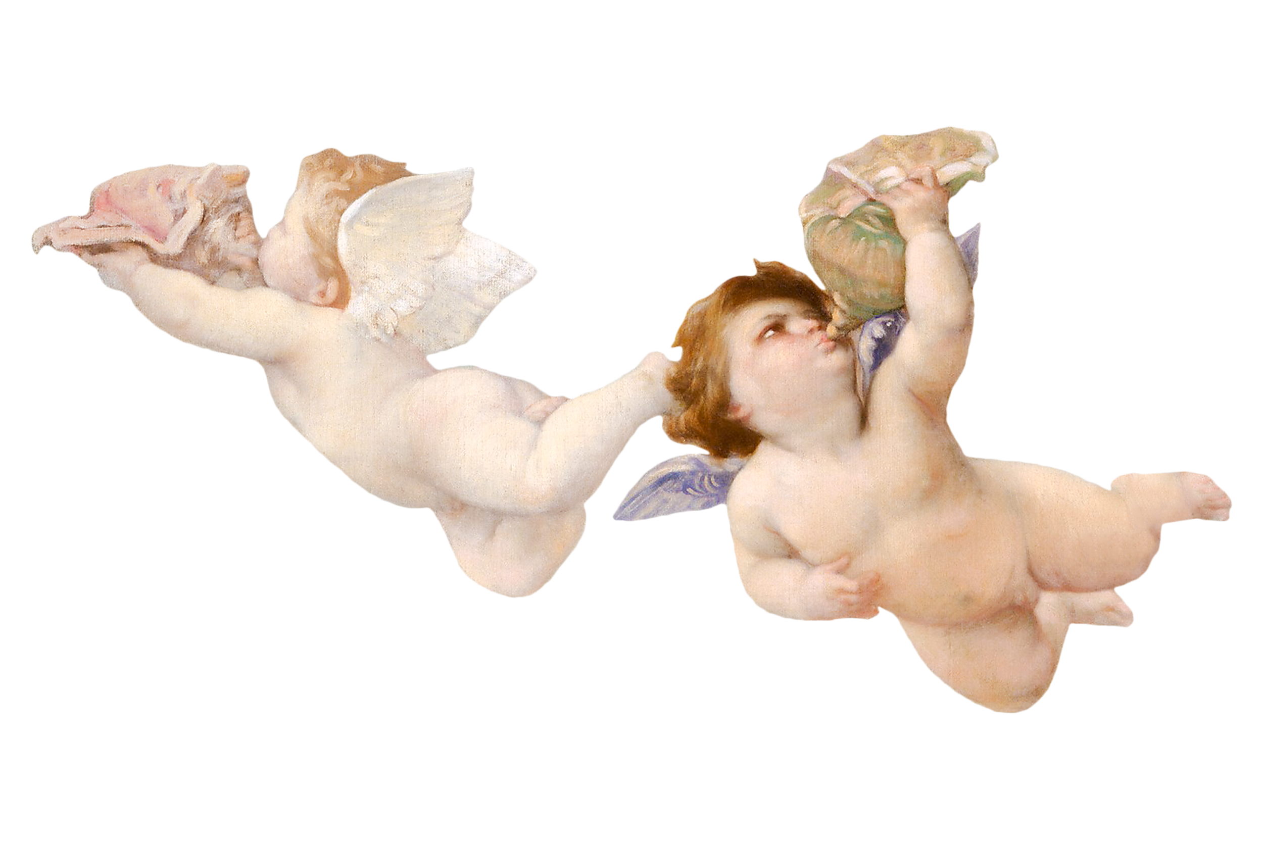 A classical painting of a cherub with wings, holding a stone in one hand and looking up.