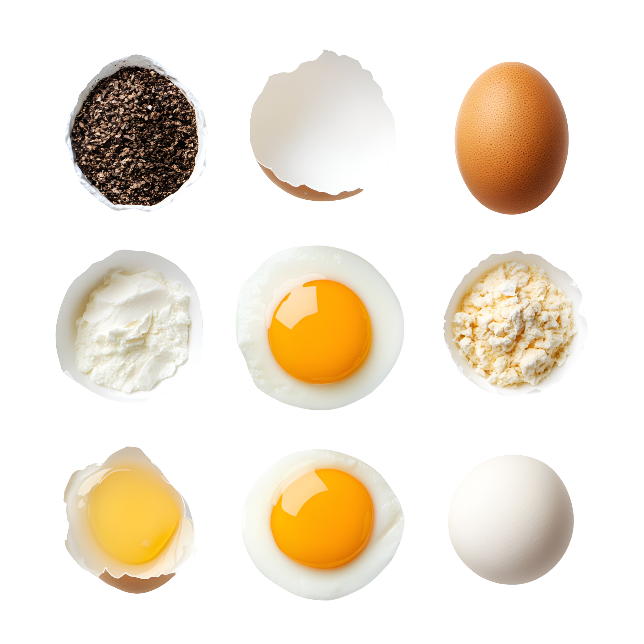 Top row shows black coffee grounds, egg shell, brown egg. Middle row shows ricotta cheese, fried egg with runny yolk, crumbled feta cheese. Bottom row shows soft-boiled egg with shell, hard-boiled egg, raw egg.