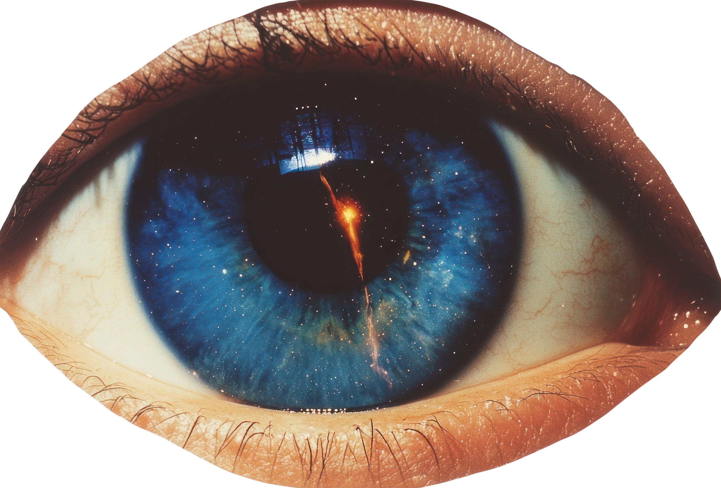 Close-up of a human eye with a digital galaxy or space scene reflected in the iris, showing stars and nebulae.