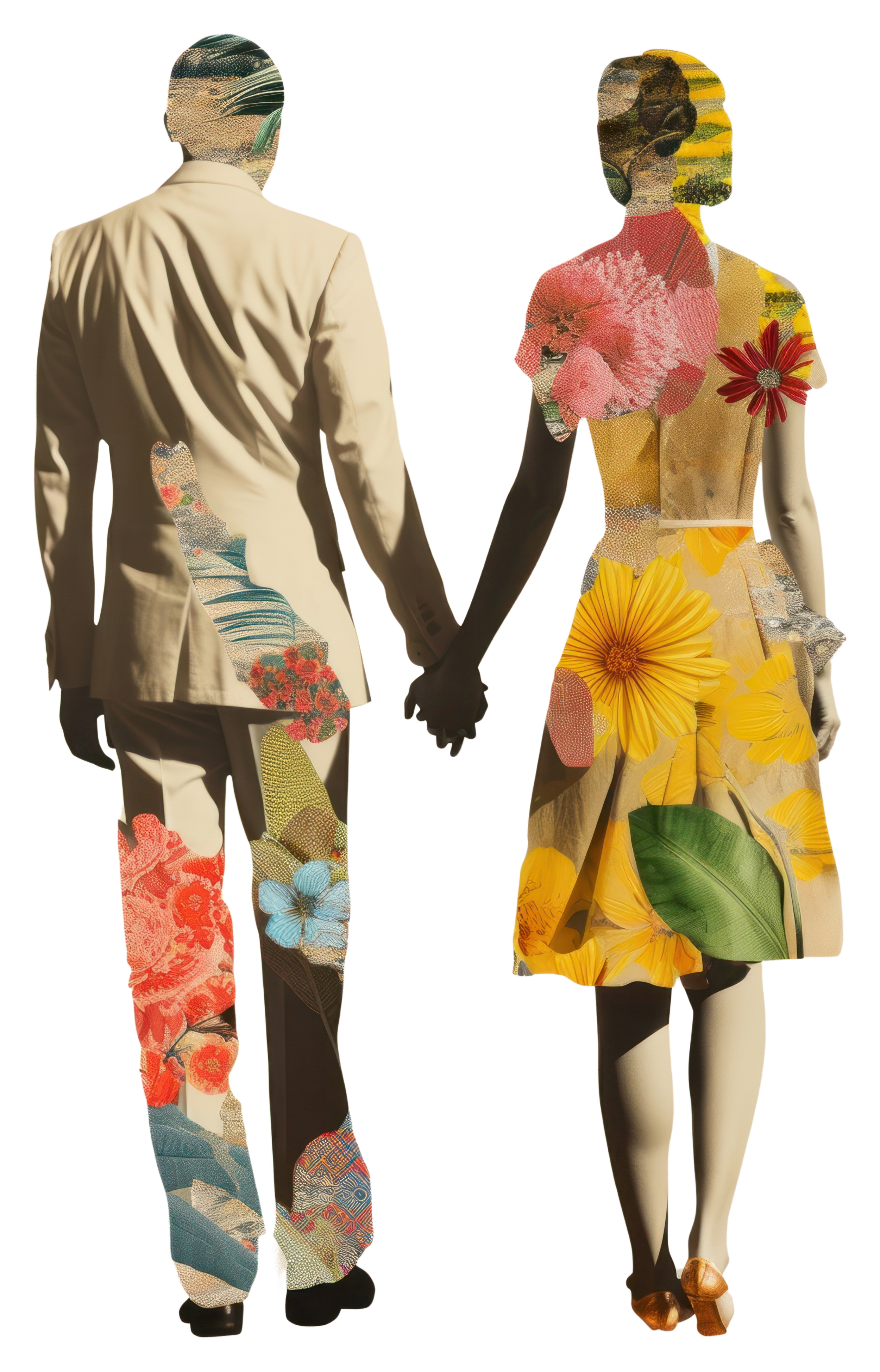 Man and woman in floral patterned clothing holding hands, viewed from behind.