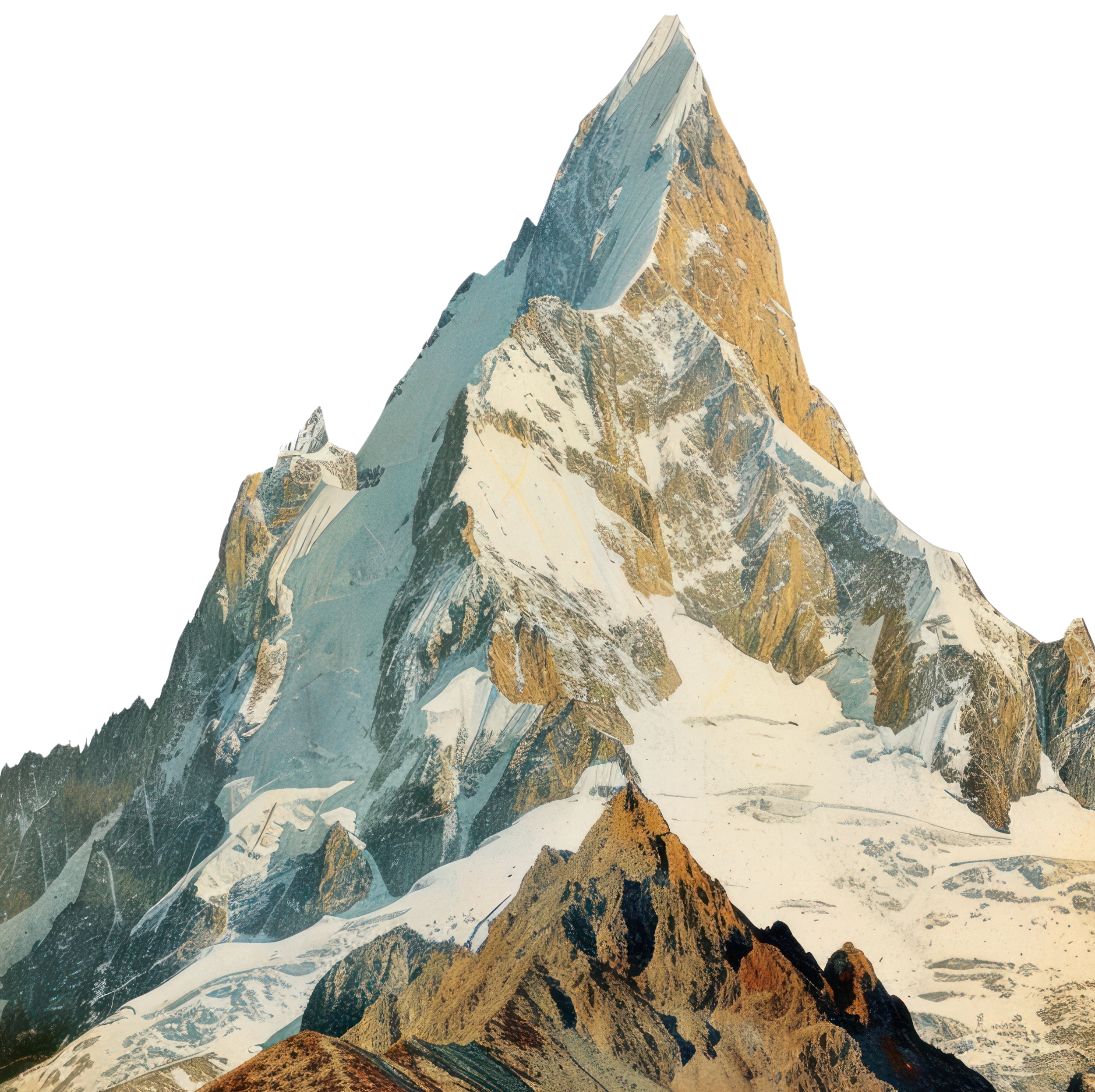Digital illustration of a snow-capped mountain with rocky slopes and a sharp peak.