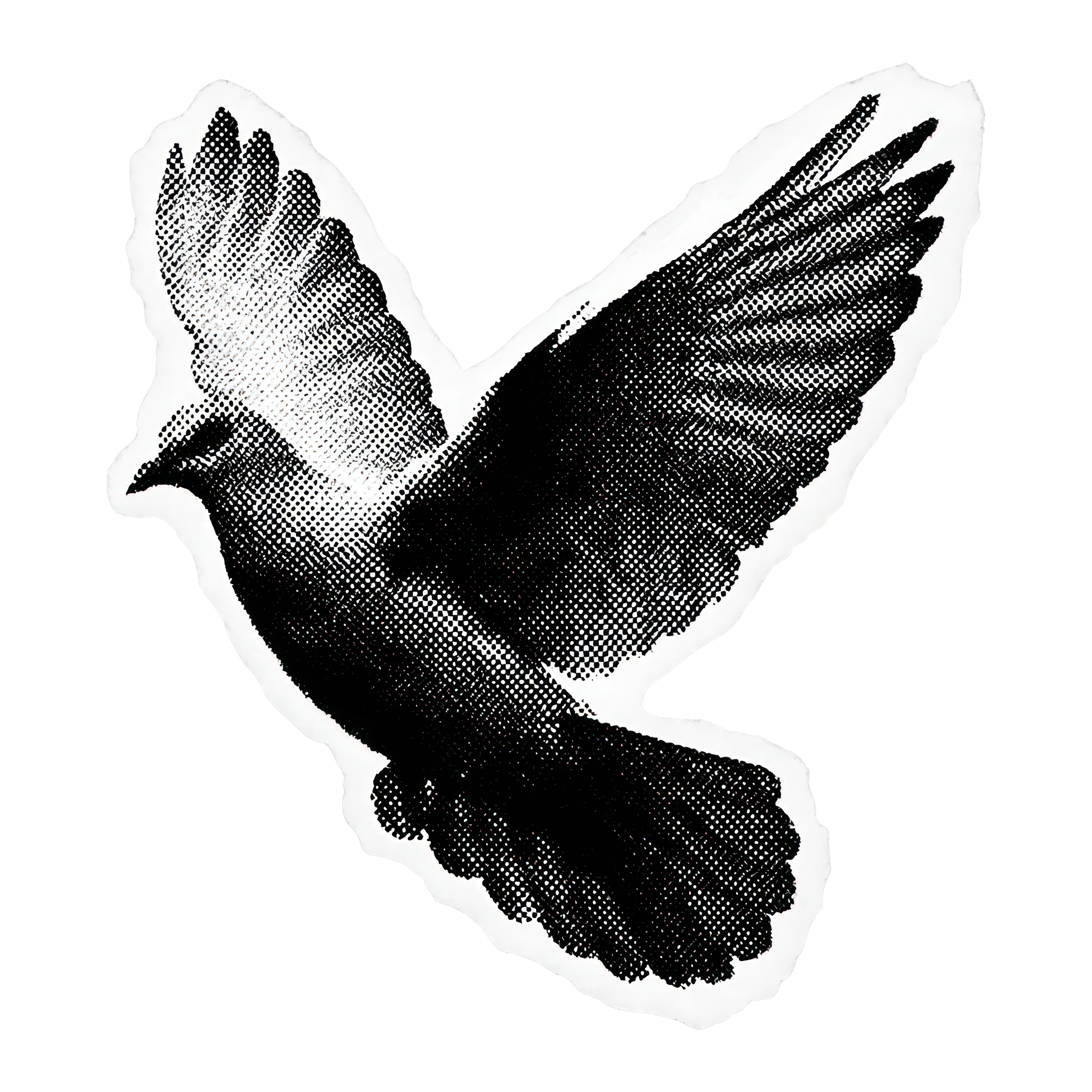 Black and white halftone illustration of a bird with its wings spread.