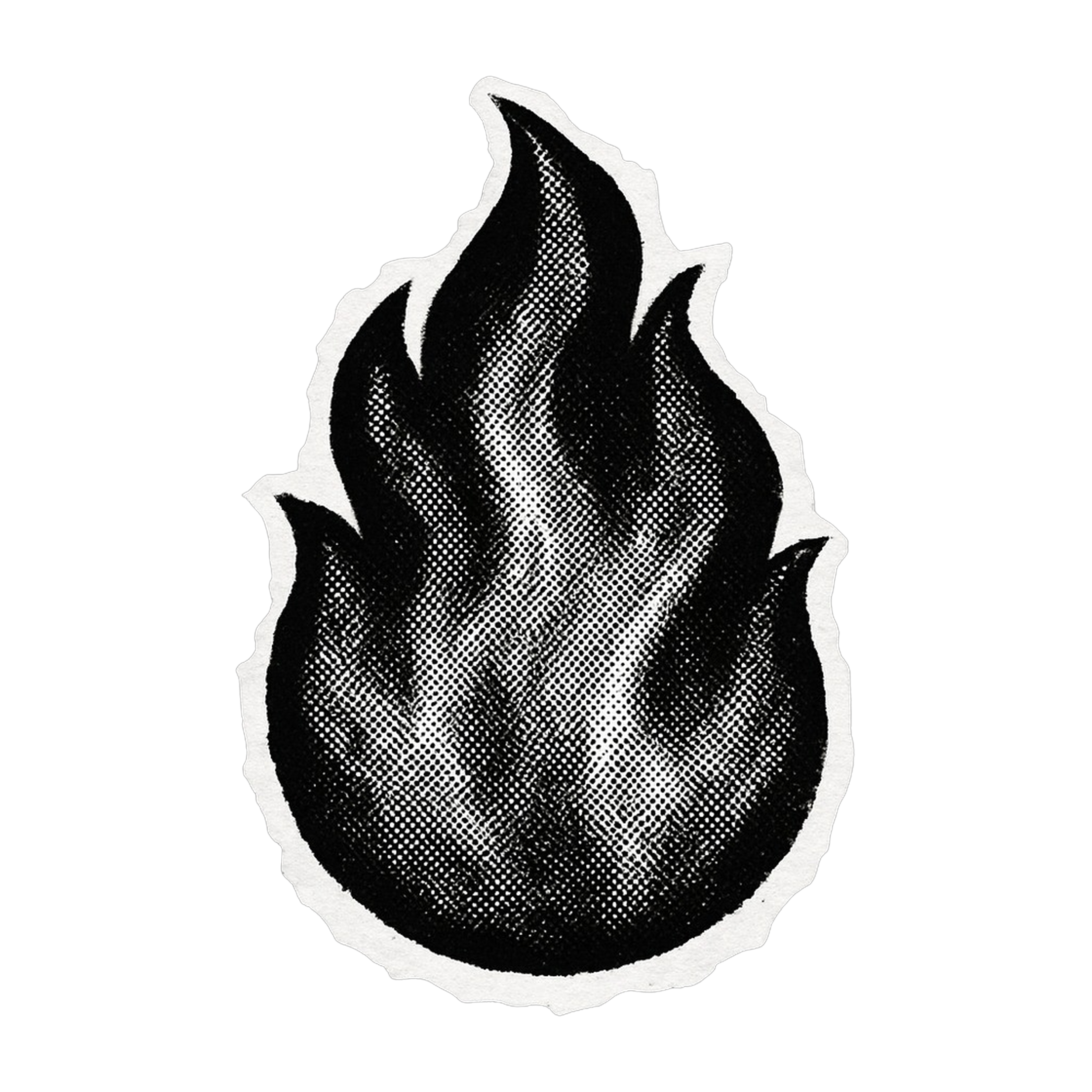 A black and white sticker of a stylized flame with a dotted pattern and a white outline on a black background.