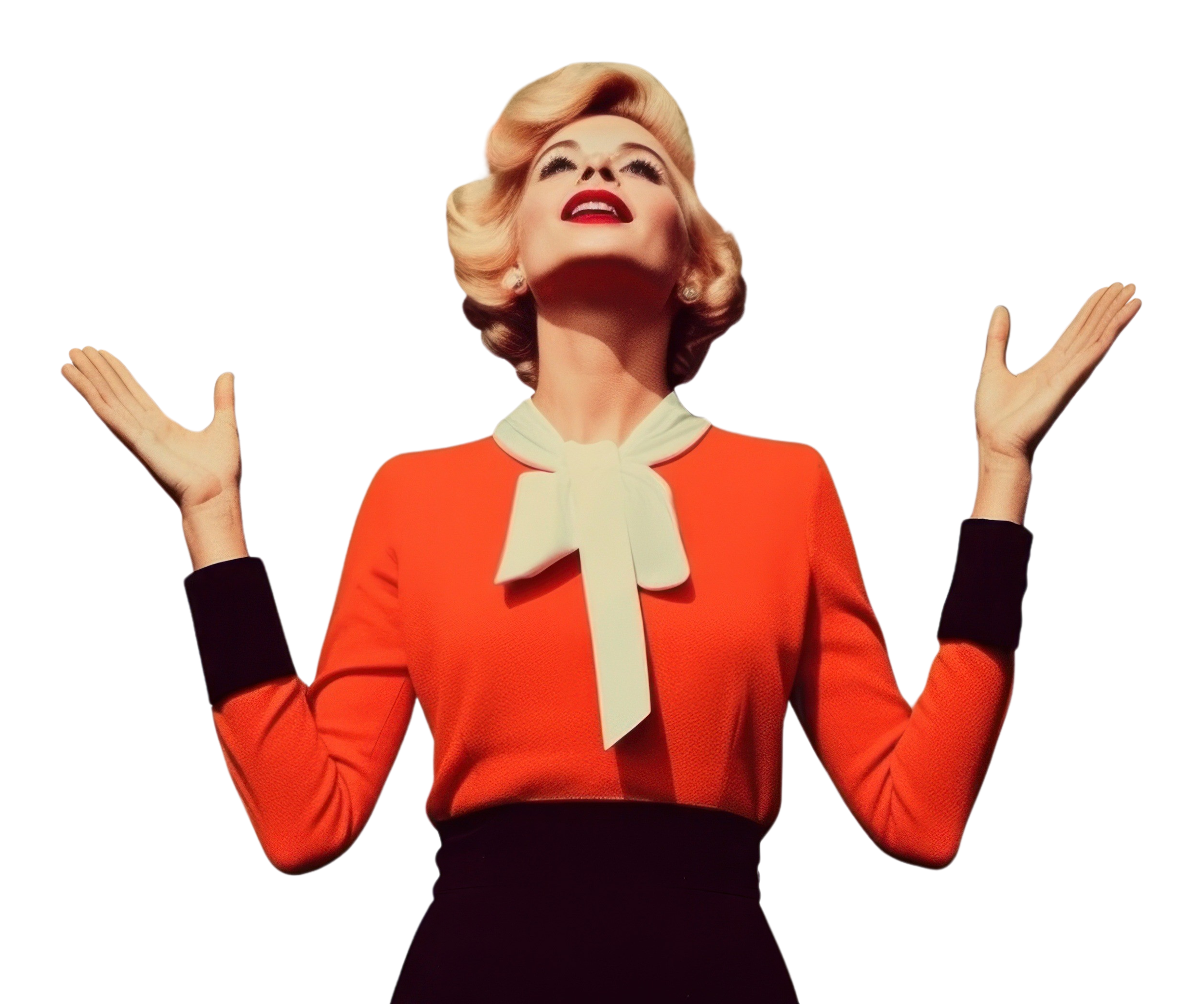 A woman with blonde, curled hair, wearing a bright red top with a white bow tie, stands with her arms raised and palms facing outward, expressing a sense of joy or exasperation.