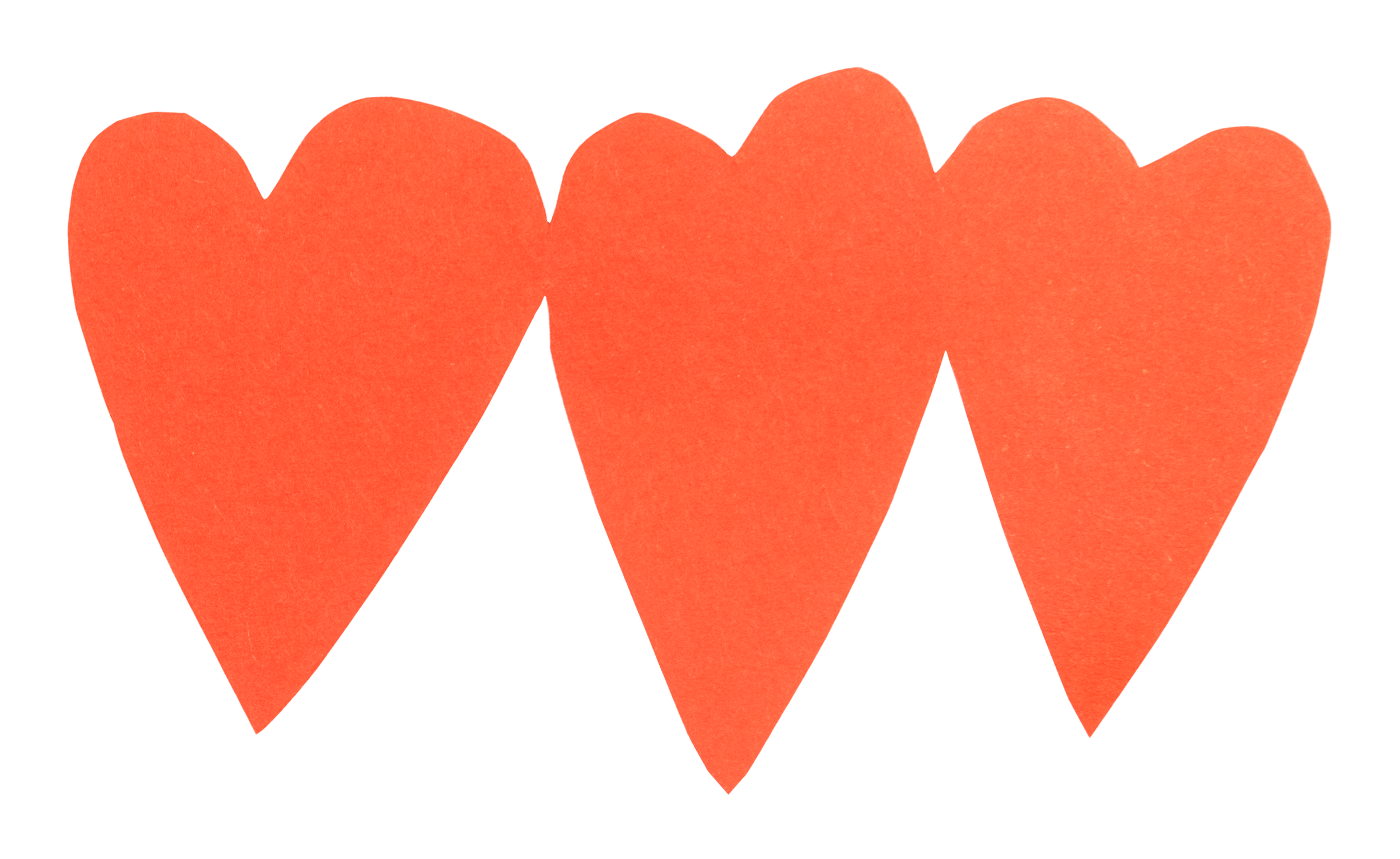 Three red heart-shaped objects with a textured surface arranged in a row