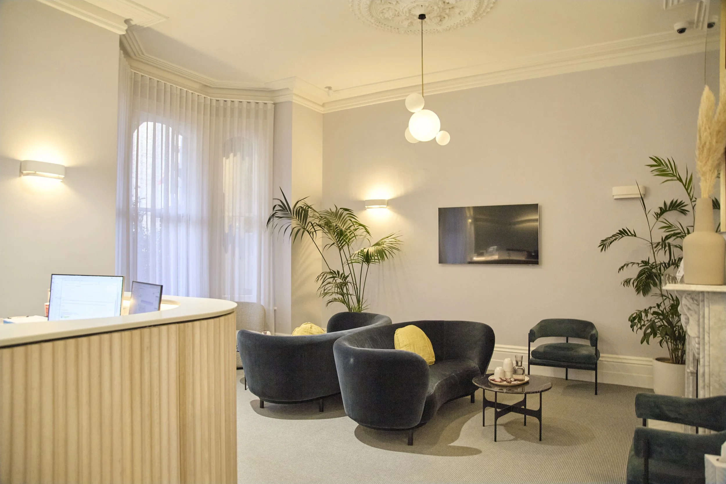 Living room with black velvet sofas, yellow cushions, potted plants, round side table, wall-mounted TV, large window with sheer curtains, and modern lighting fixtures.