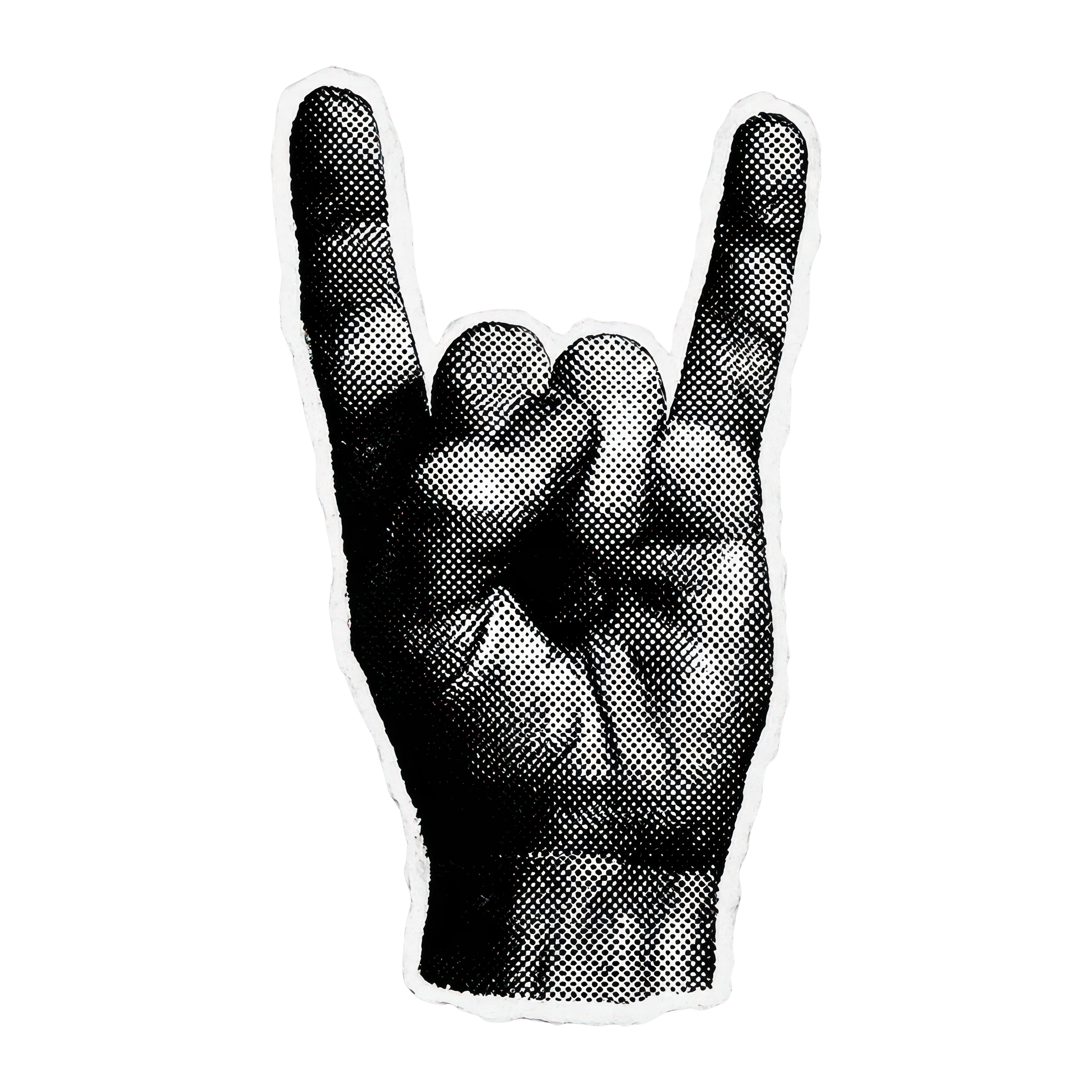 A black and white cartoon-style illustration of a hand making the 'sign of the horns' gesture, with the index and pinky fingers raised and the other fingers folded down.