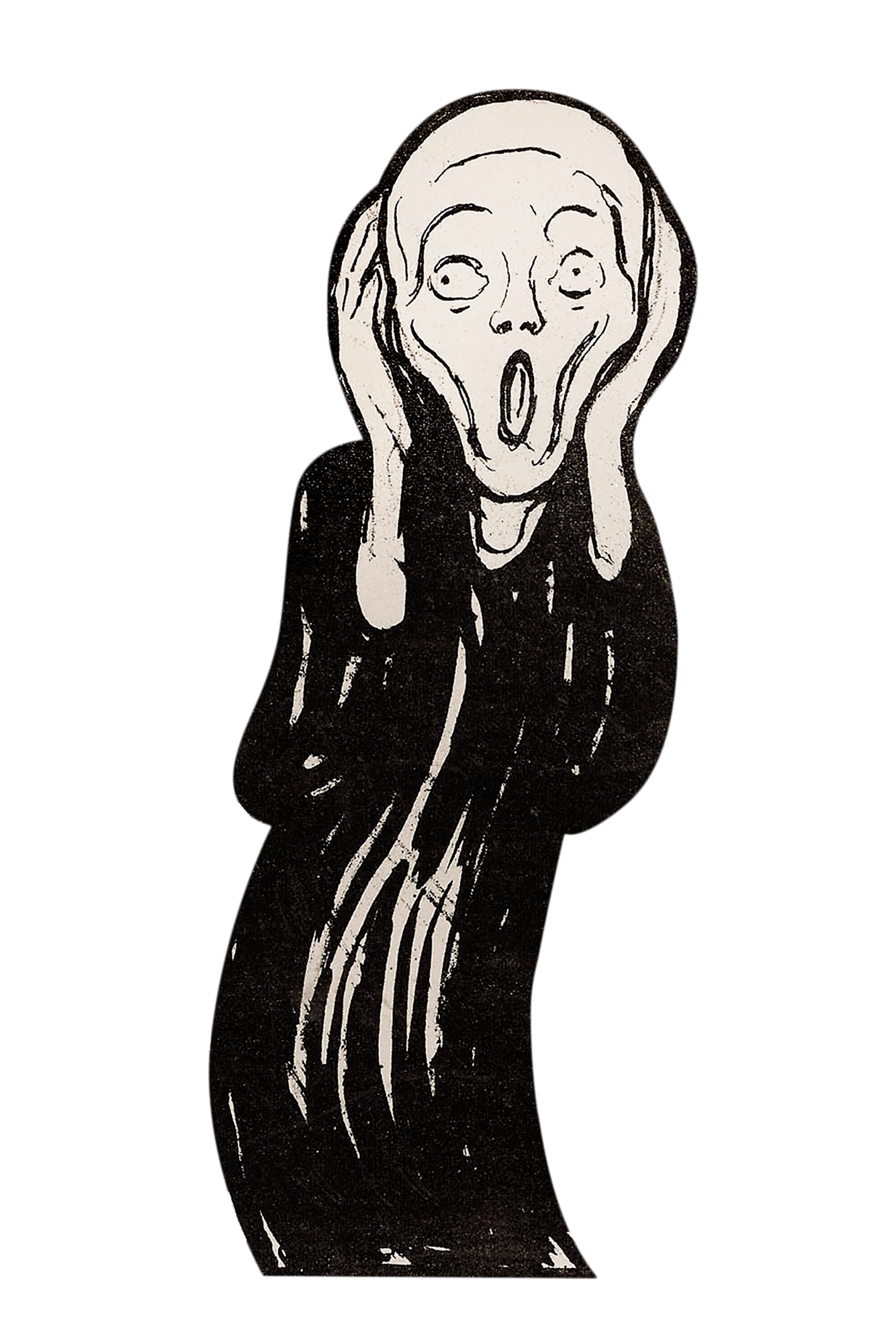 A black and white drawing of a woman with a shocked expression, hands on her face, mouth open, and eyes wide.