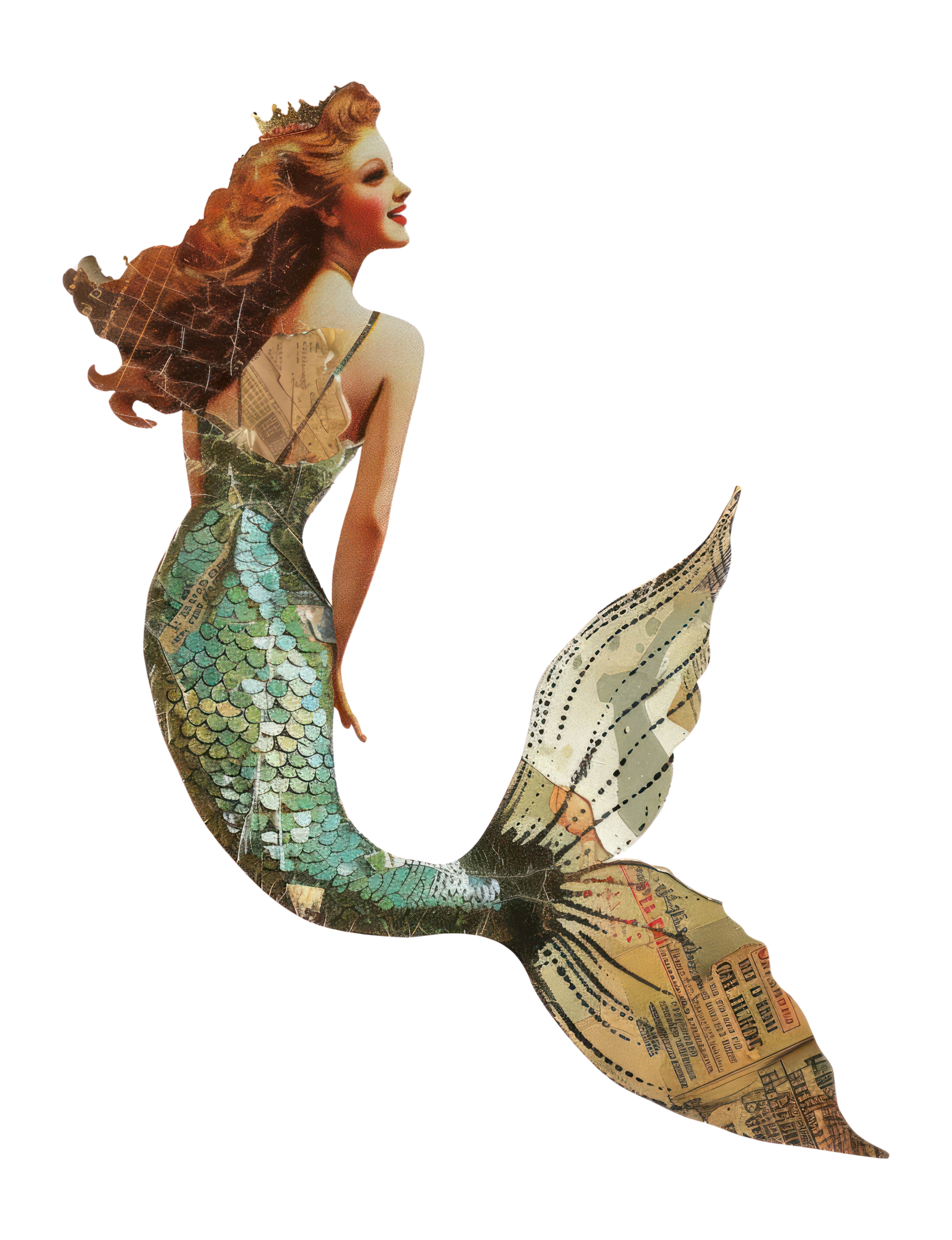 A collage artwork of a woman with a mermaid tail and a crown, made from magazine cutouts, set against a background with purple and pink gradient and abstract patterns.