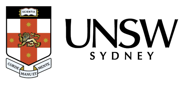 Logo of UNSW Sydney featuring a shield with a lion, stars, and an inscription banner, alongside the university name in black text.