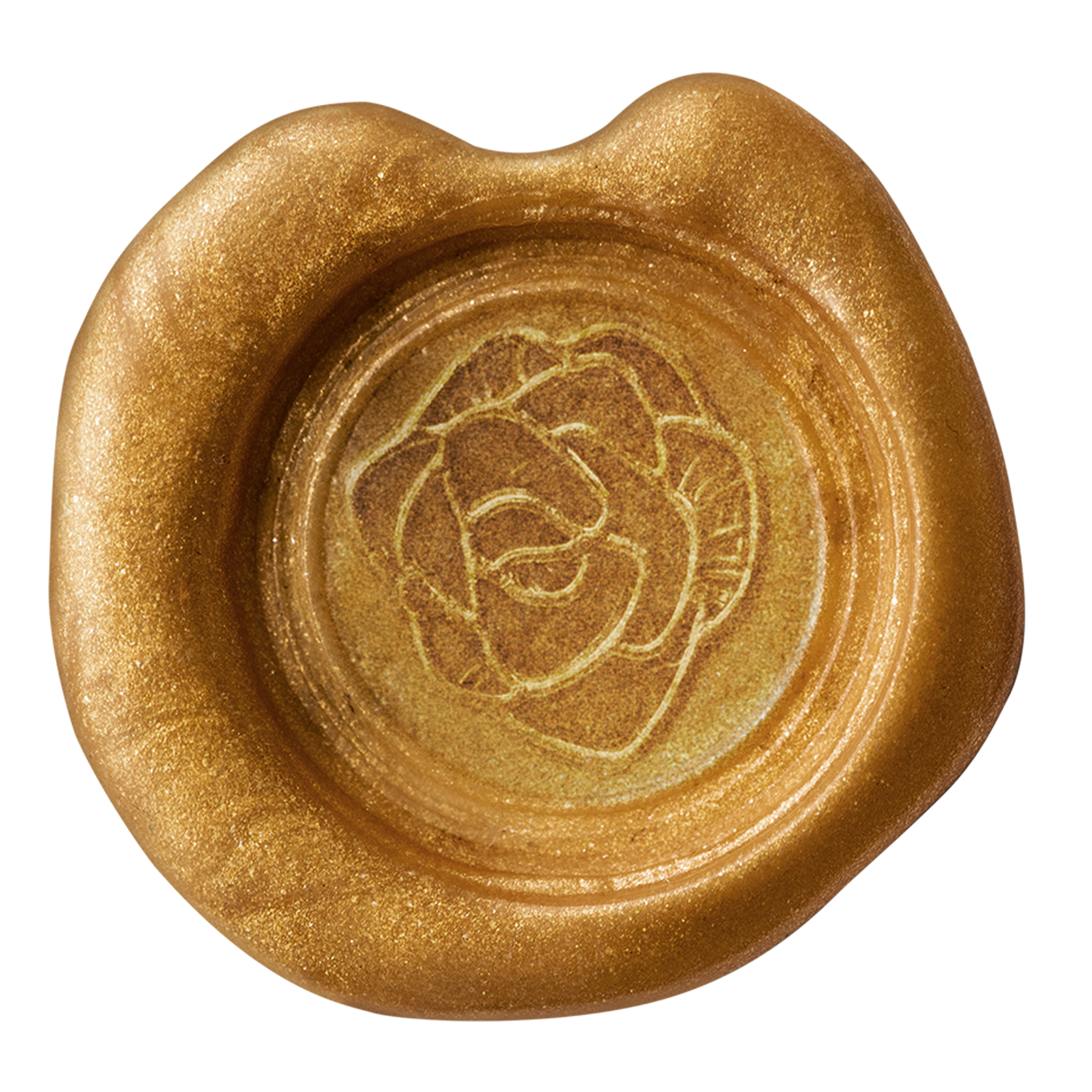 Close-up of a golden wax seal with an engraved lion's face in the center.