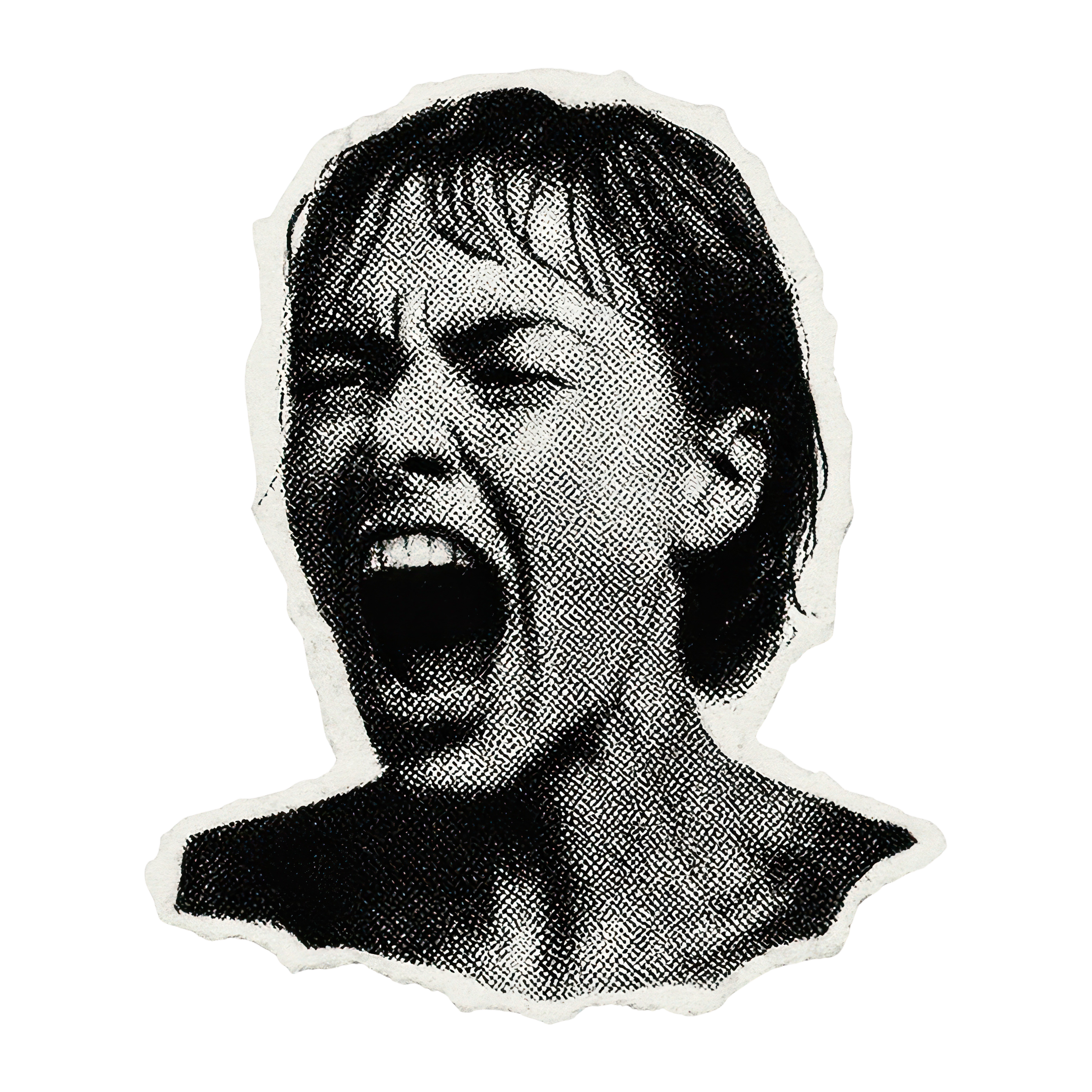 A high-contrast, black-and-white illustration of a woman with short hair, screaming with her hand covering her mouth.