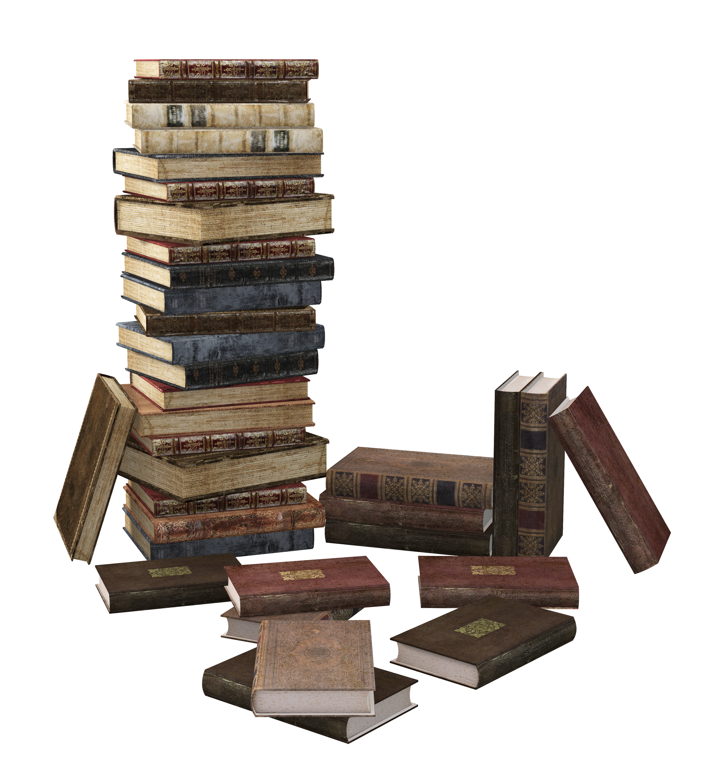 A tall stack of old hardcover books with worn covers, along with several other books scattered around base, some standing upright and others lying flat.