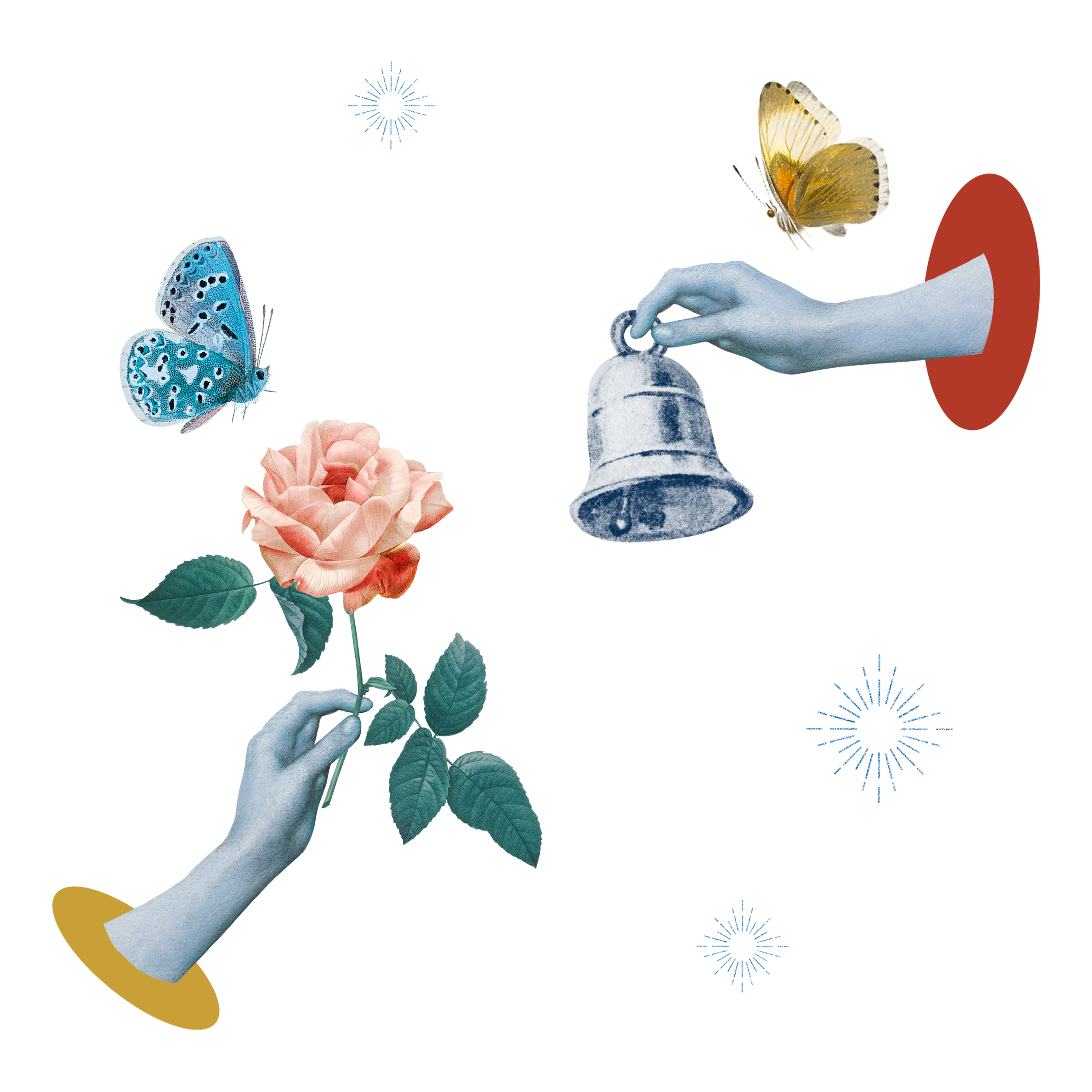 A collage featuring two hands, one holding a pink rose and the other holding a silver bell, surrounded by blue and yellow butterflies, with transparent labels and lines connecting the objects.