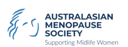Logo of Australasian Menopause Society with a stylized face outline and text supporting Midlife Women.