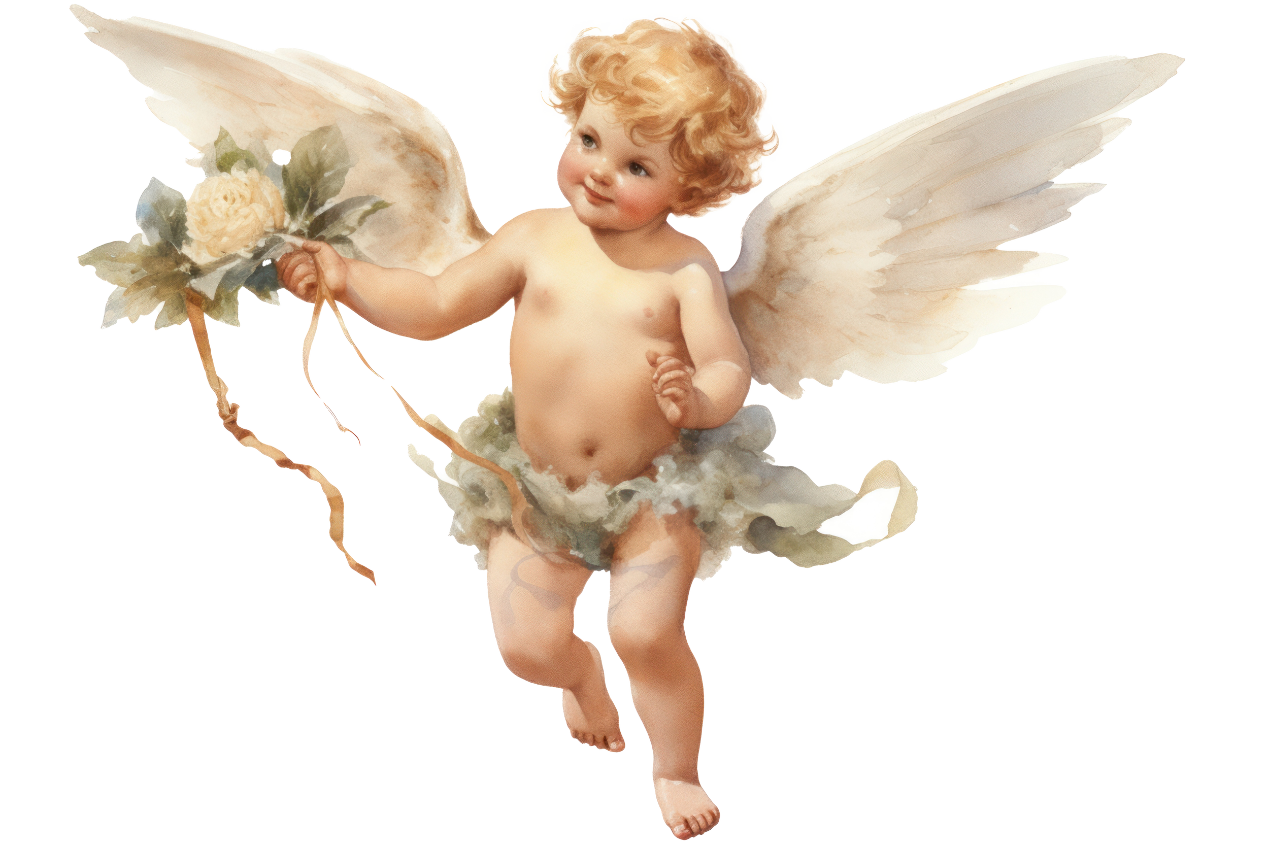Illustration of a cherubic young child with curly hair, angel wings, and a fluffy skirt, holding a bouquet of roses and greenery.