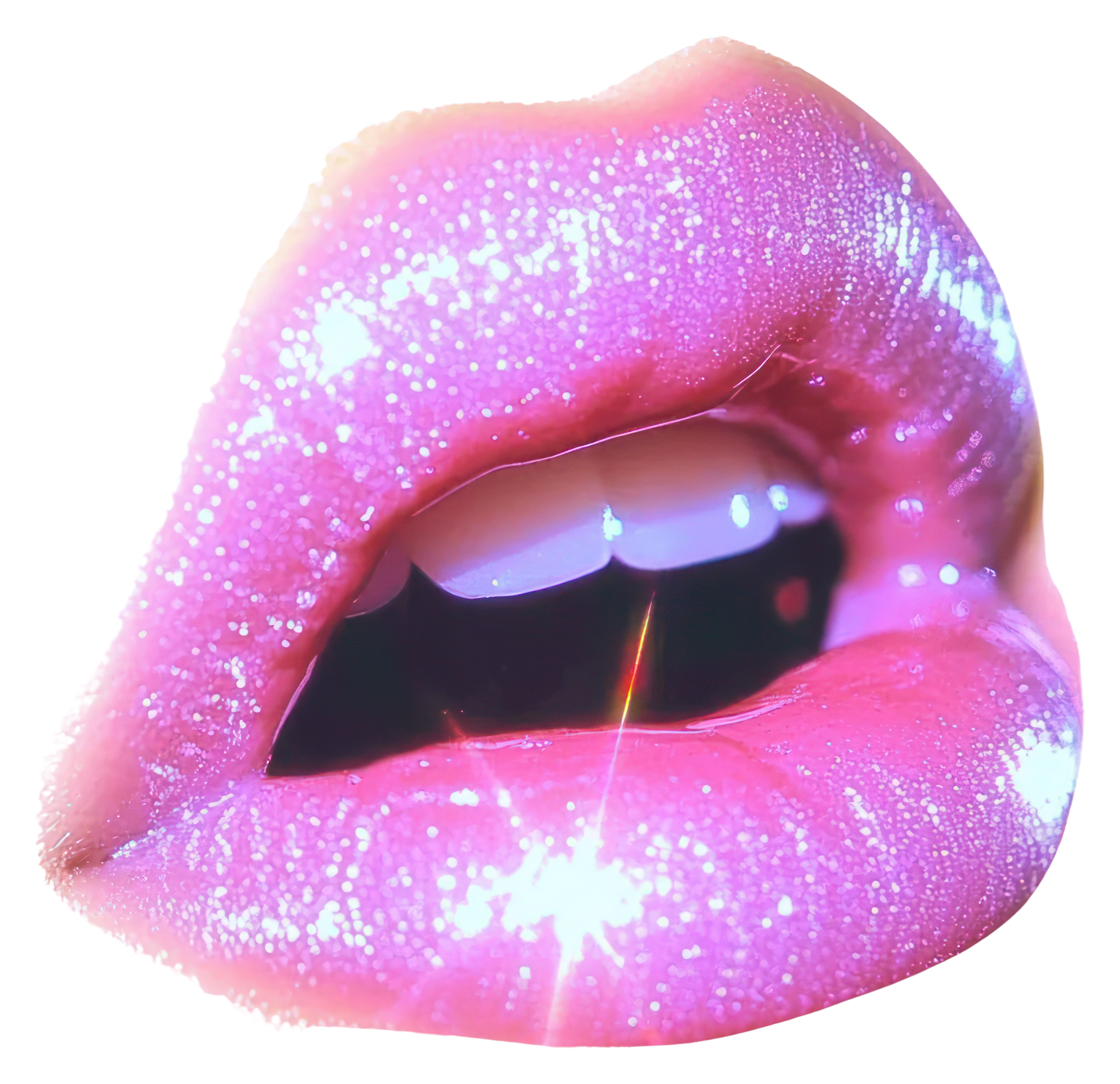 Close-up of pink lips with glitter, slightly parted revealing teeth and tongue, with a lens flare effect.