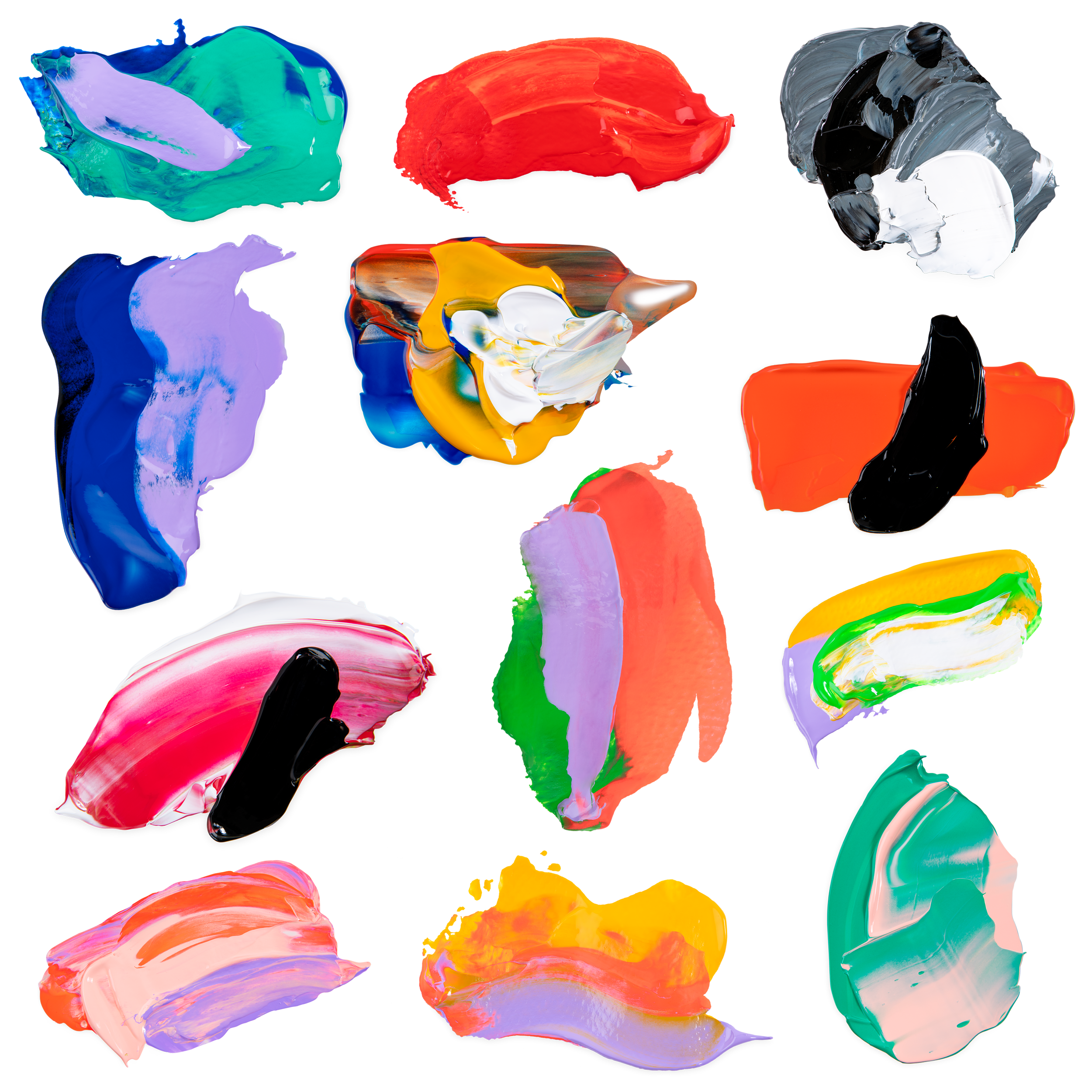 Multiple blobs of colorful paint on a white background, including shades of blue, red, orange, yellow, green, purple, black, and white.