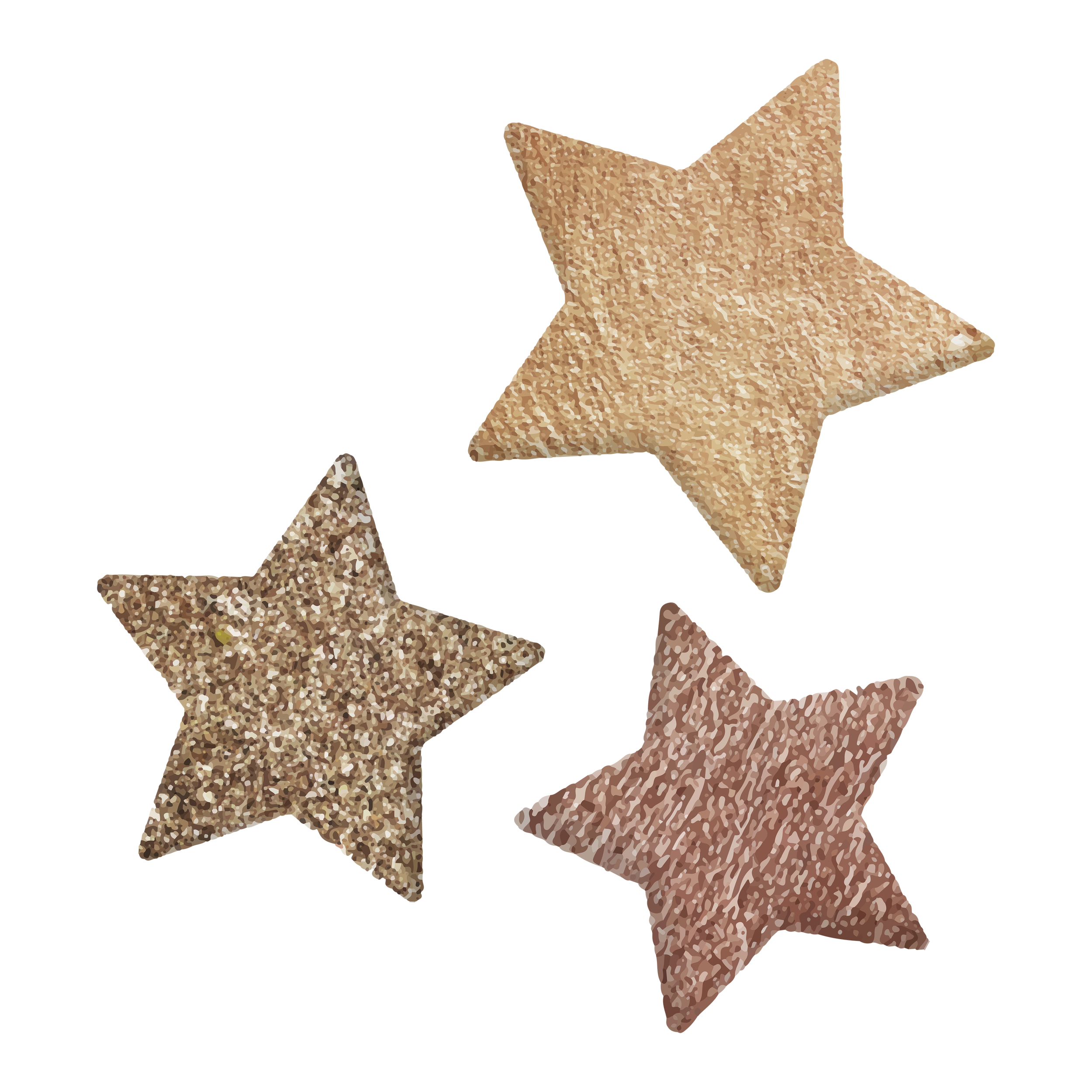 Four glittery star-shaped ornaments in gold, silver, rose, and bronze colors