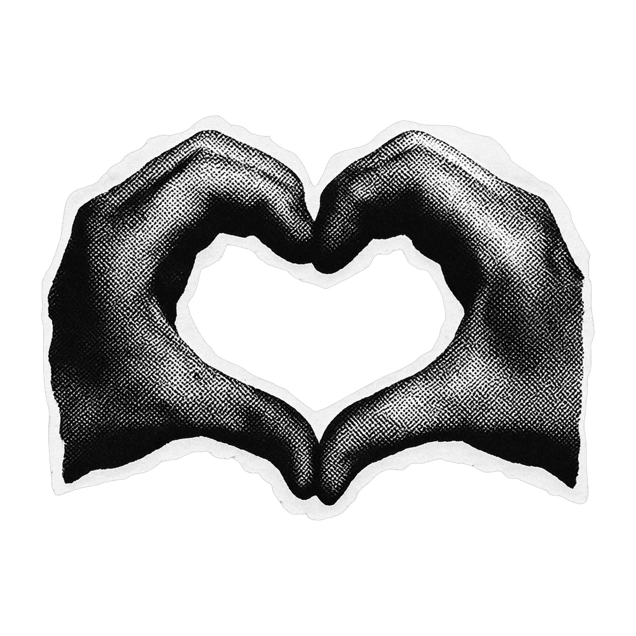 Black and white illustration of two hands forming a heart shape.