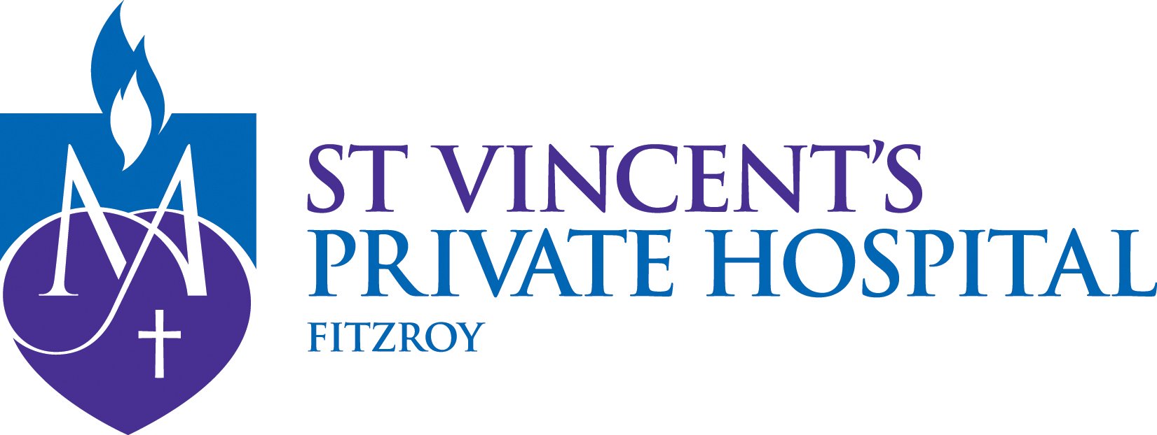 Logo of St. Vincent's Private Hospital in Fitzroy featuring a purple heart with a white cross and stylized letters VM, topped with a blue flame.