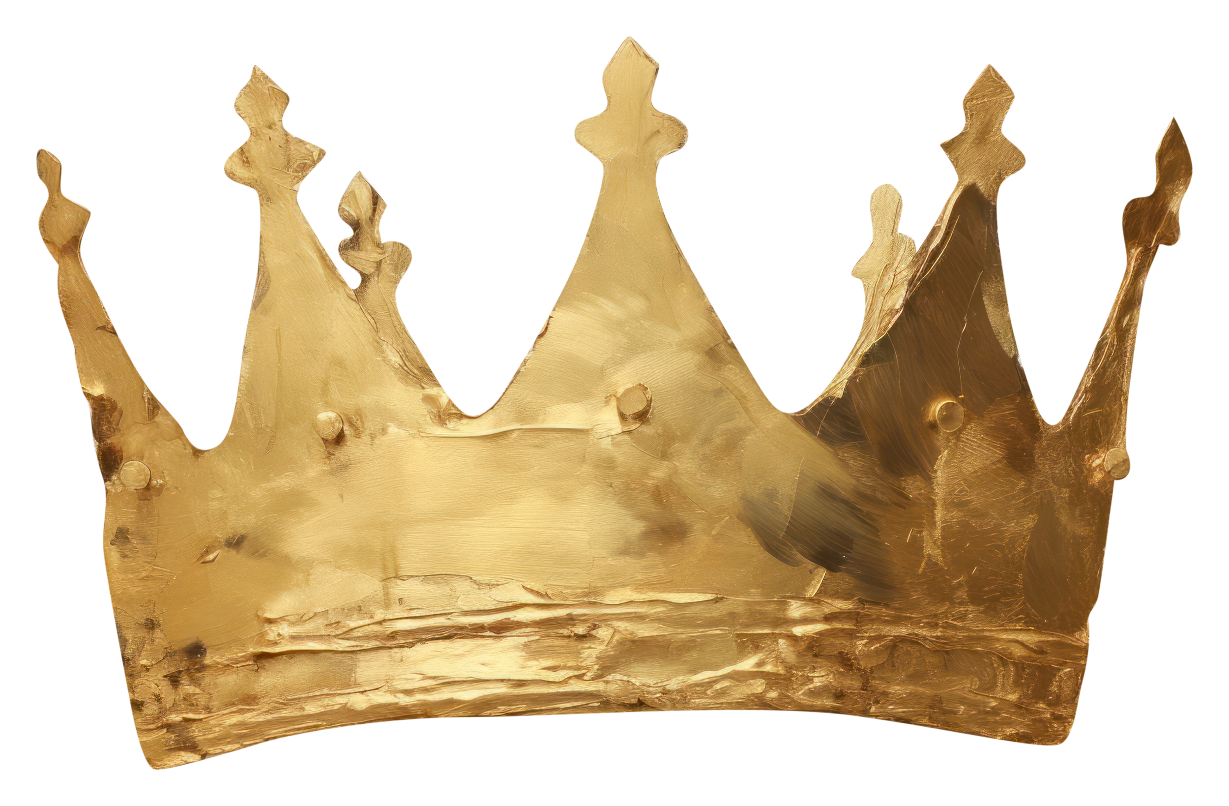 A gold-colored crown with a rugged, uneven surface and prominent points, symbolizing royalty or achievement.