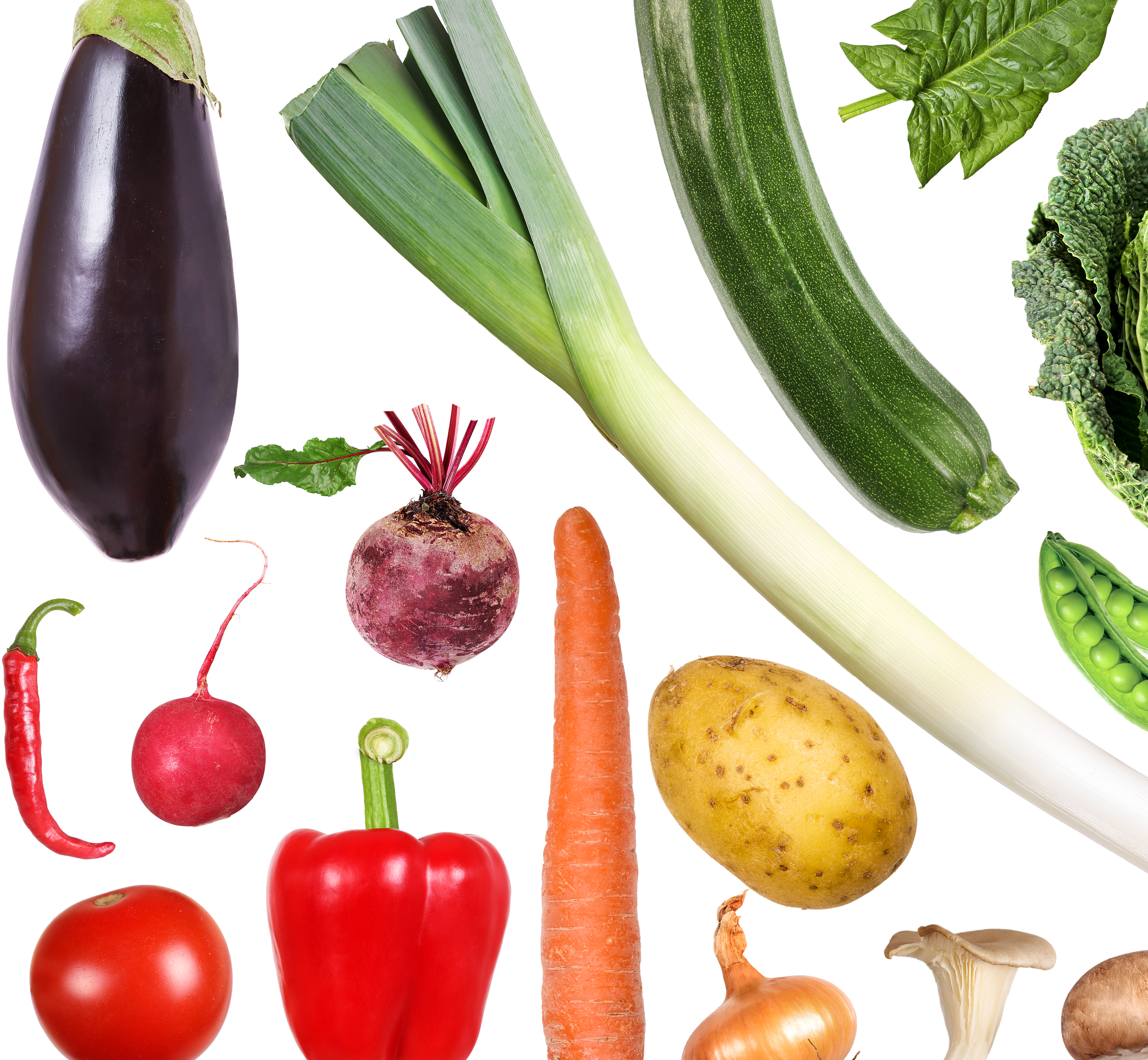 An assortment of fresh vegetables including an eggplant, green spring onion, cucumber, two beets, radish, red chili pepper, red bell pepper, tomato, carrot, potato, onion, garlic, mushroom, spinach leaves, and peas in a pod.